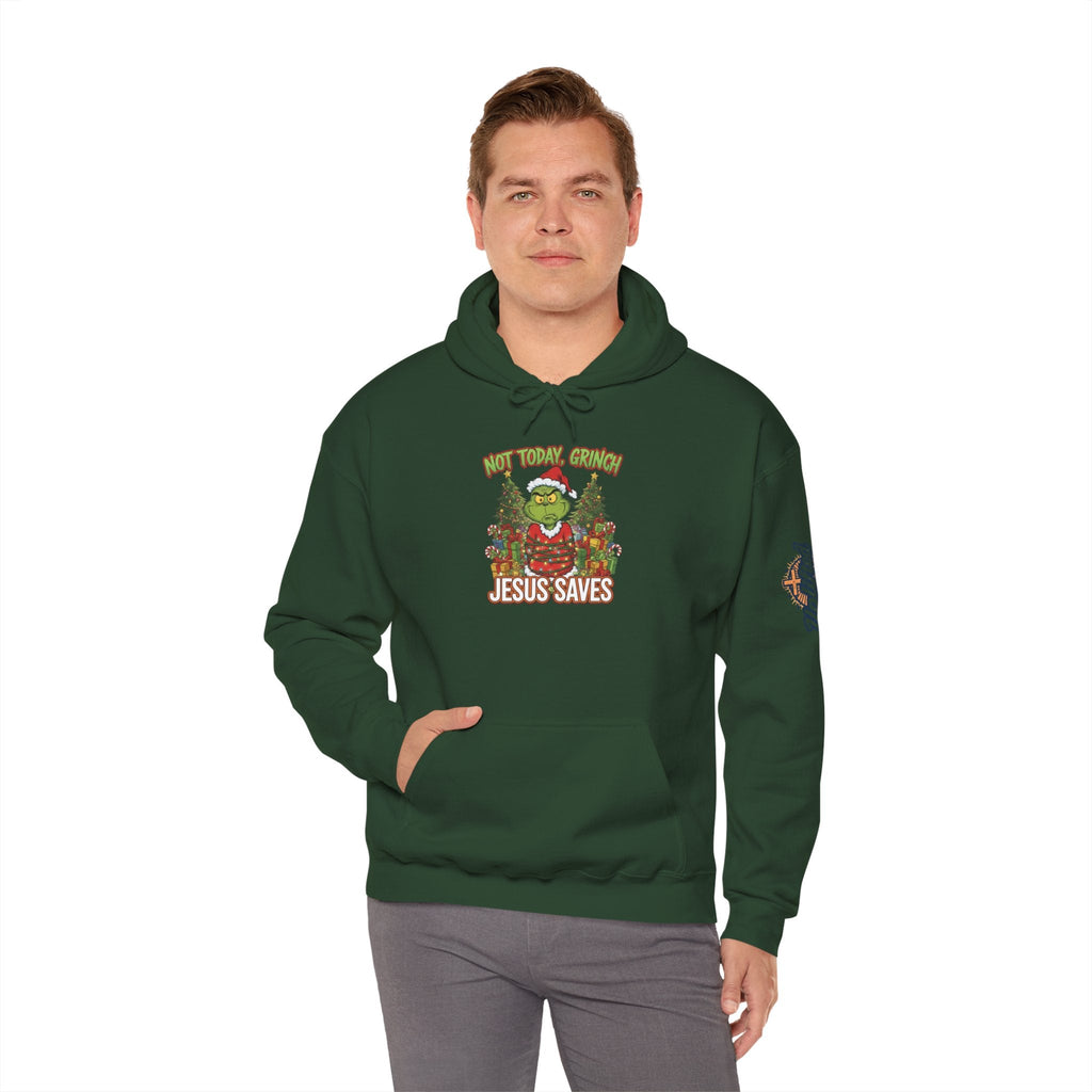 🎄 Not Today, Grinch – Jesus Saves | Funny Christian Christmas Hoodie | Sulking Grinch & Glowing Cross | Bold Neon Faith Tee by Uplifted Gear Printify