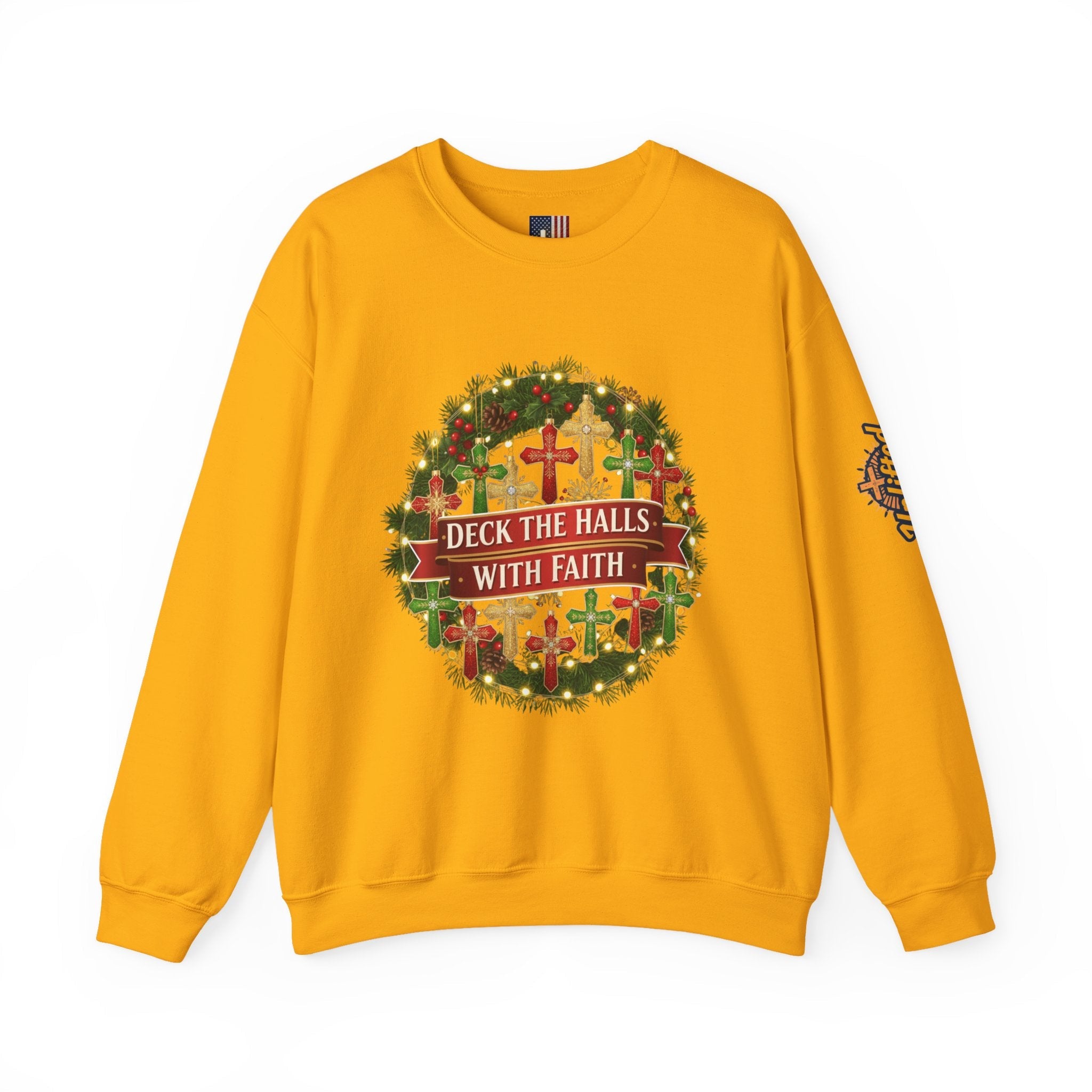 🎄 Deck the Halls with Faith – Christian Christmas Sweatshirt | Cross Ornament Design & Festive Garland | Bold Holiday Faith Tee by Uplifted Gear Printify