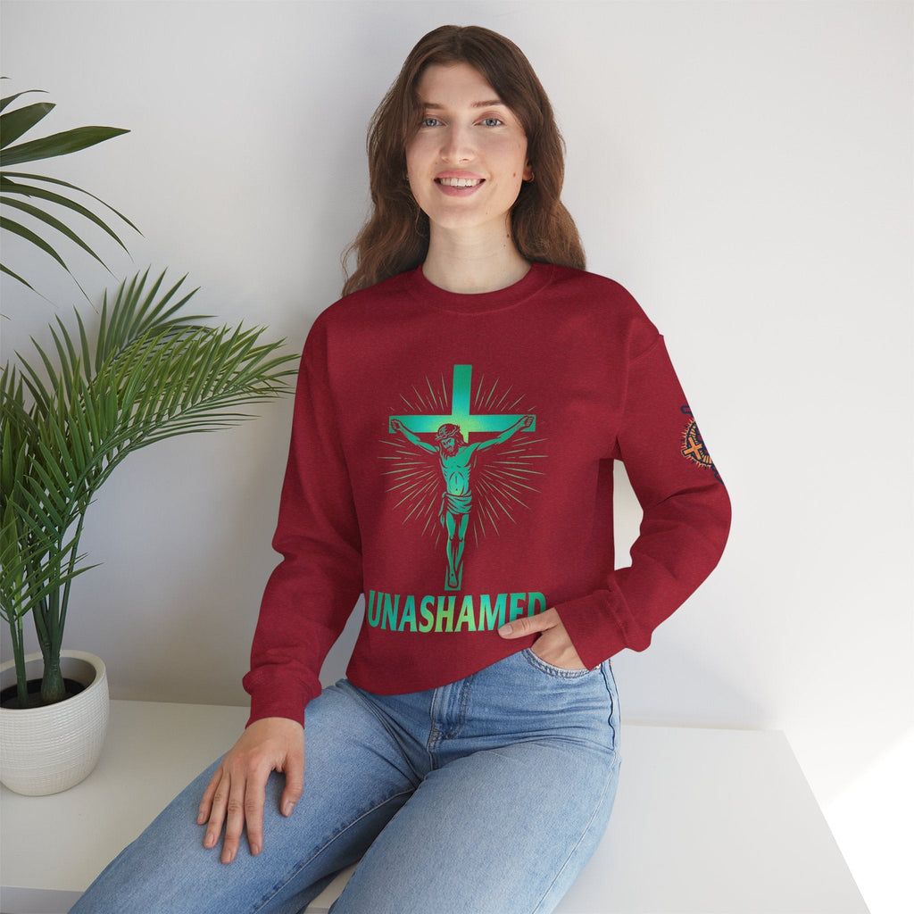 Unashamed Sweatshirt – Romans 1:16 Crucifixion Christian Sweatshirt for Bold Unwavering Faith Printify