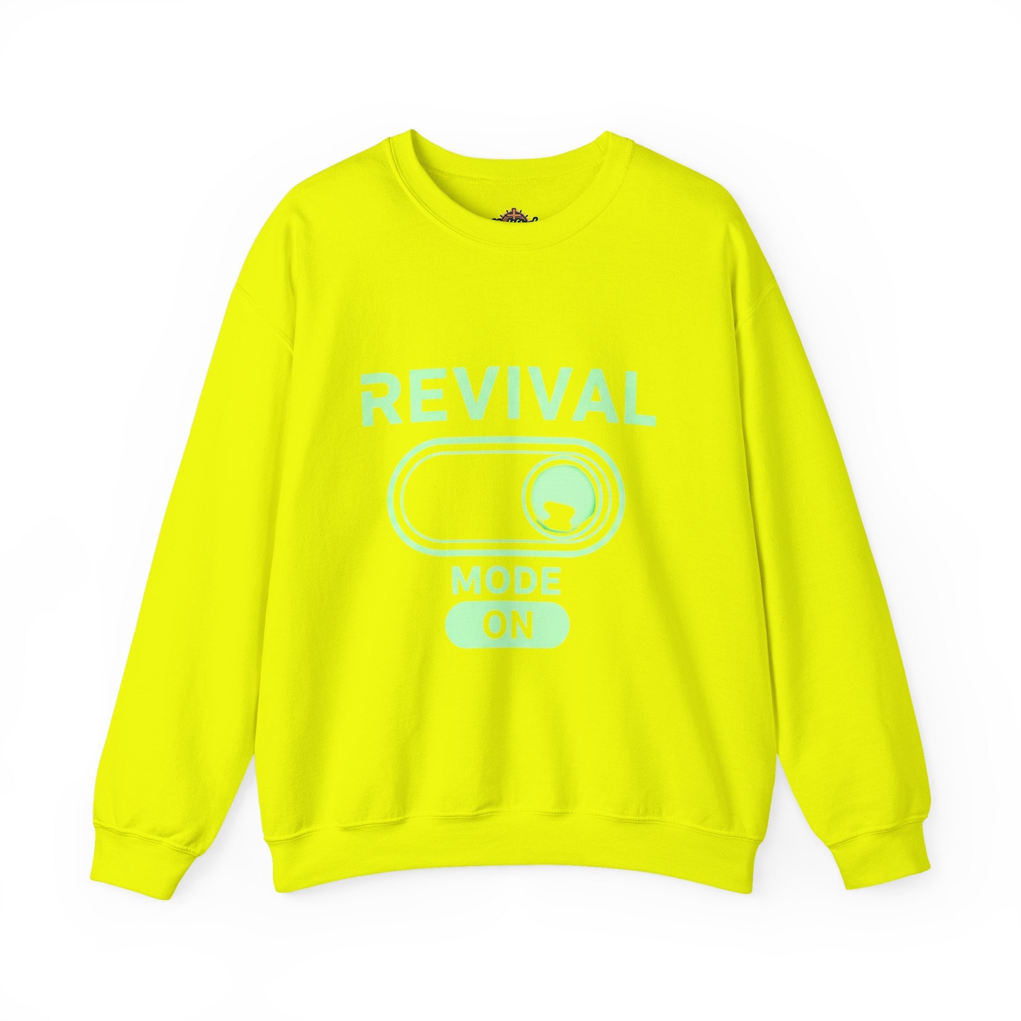 🔥 Revival Mode: ON – Christian Techwear Sweatshirt | Glowing Green Faith Switch | Futuristic Jesus Shirt | Activate Your Spiritual Awakening | Uplifted Gear Printify