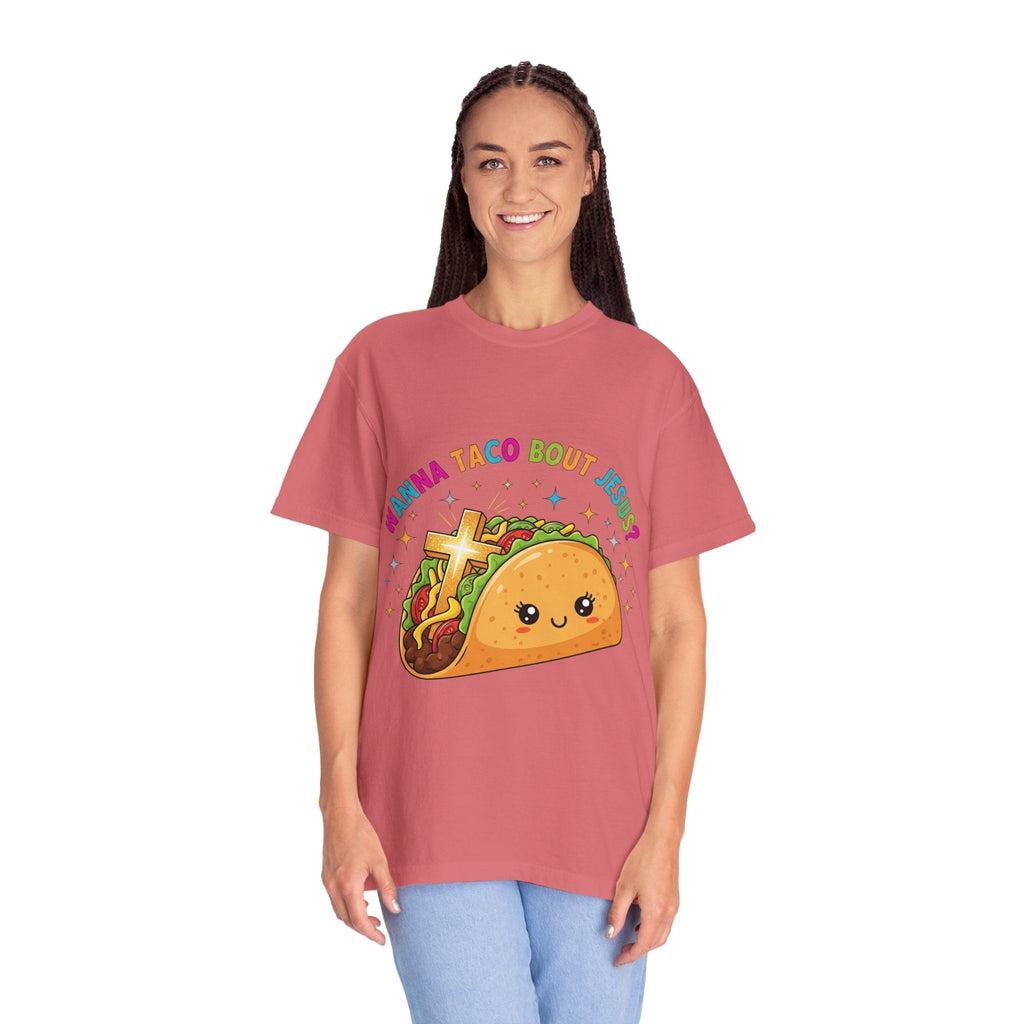 Wanna Taco 'Bout Jesus? Funny Christian Pun T-Shirt – Lettuce Pray & Share Faith! Printify