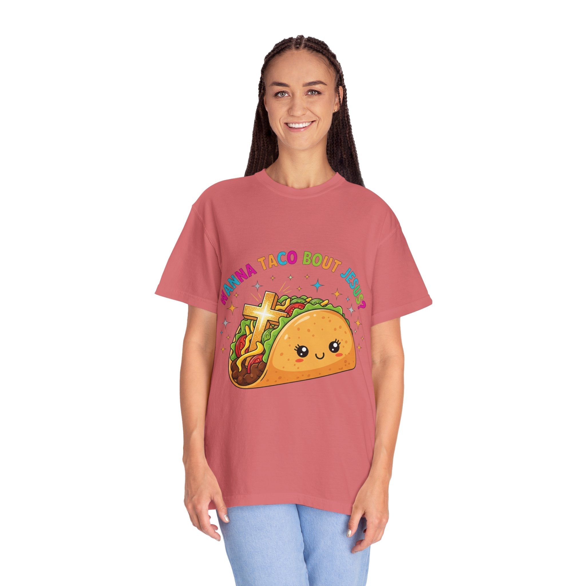 Wanna Taco 'Bout Jesus? Funny Christian Pun T-Shirt – Lettuce Pray & Share Faith! Printify
