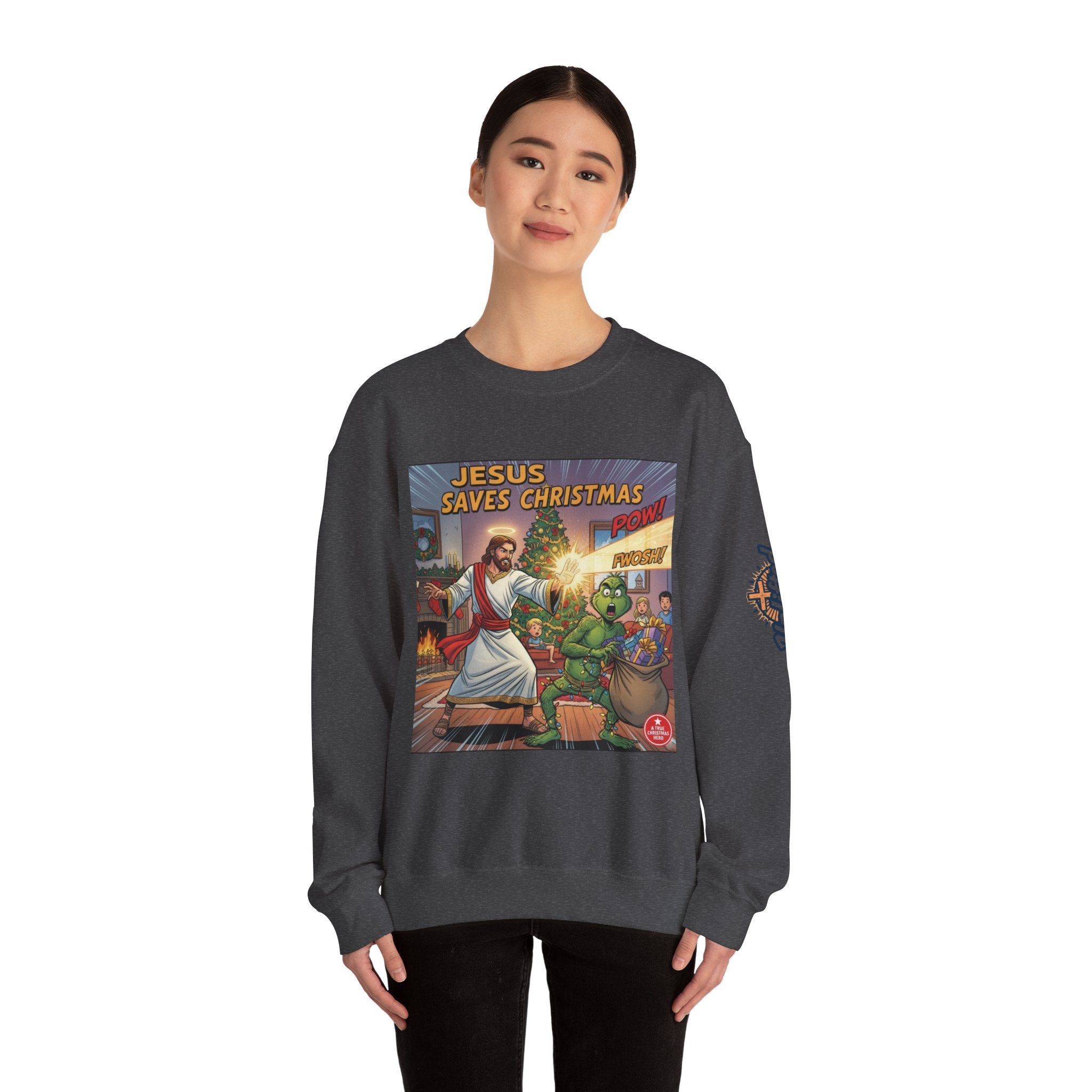Jesus Saves Christmas Sweatshirt – Grinch vs Savior Light Battle Christian Sweatshirt for Hilarious Holiday Faith & True Joy Printify