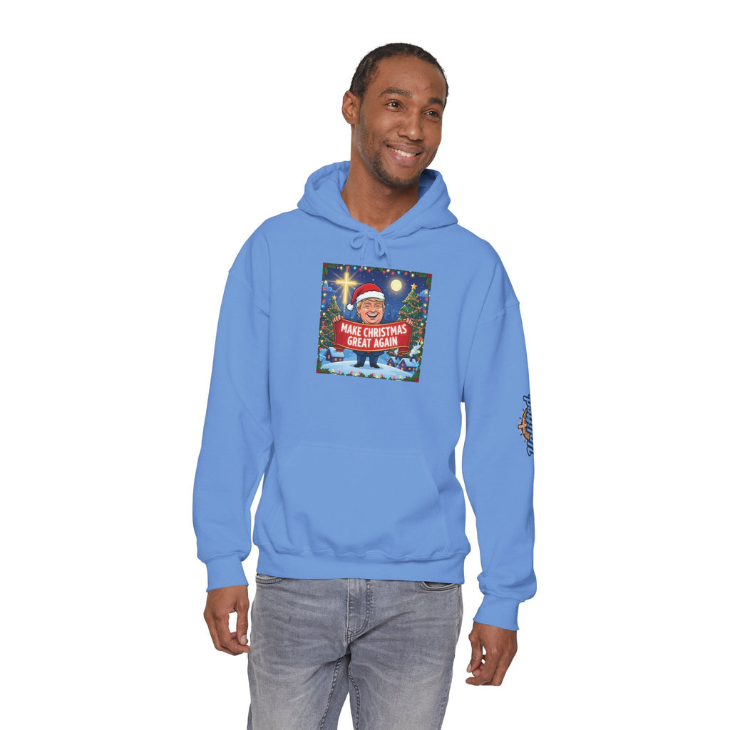 🎄 Make Christmas Great Again – Patriotic Christian Christmas Hoodie | Bold Holiday Faith Tee | Red & White Banner Design | Uplifted Gear Printify