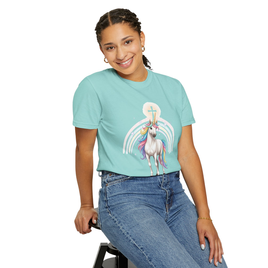 Unique Unicorn Christian T-Shirt – Wonderfully Made with Rainbow Cross & Psalm 139:14 Printify