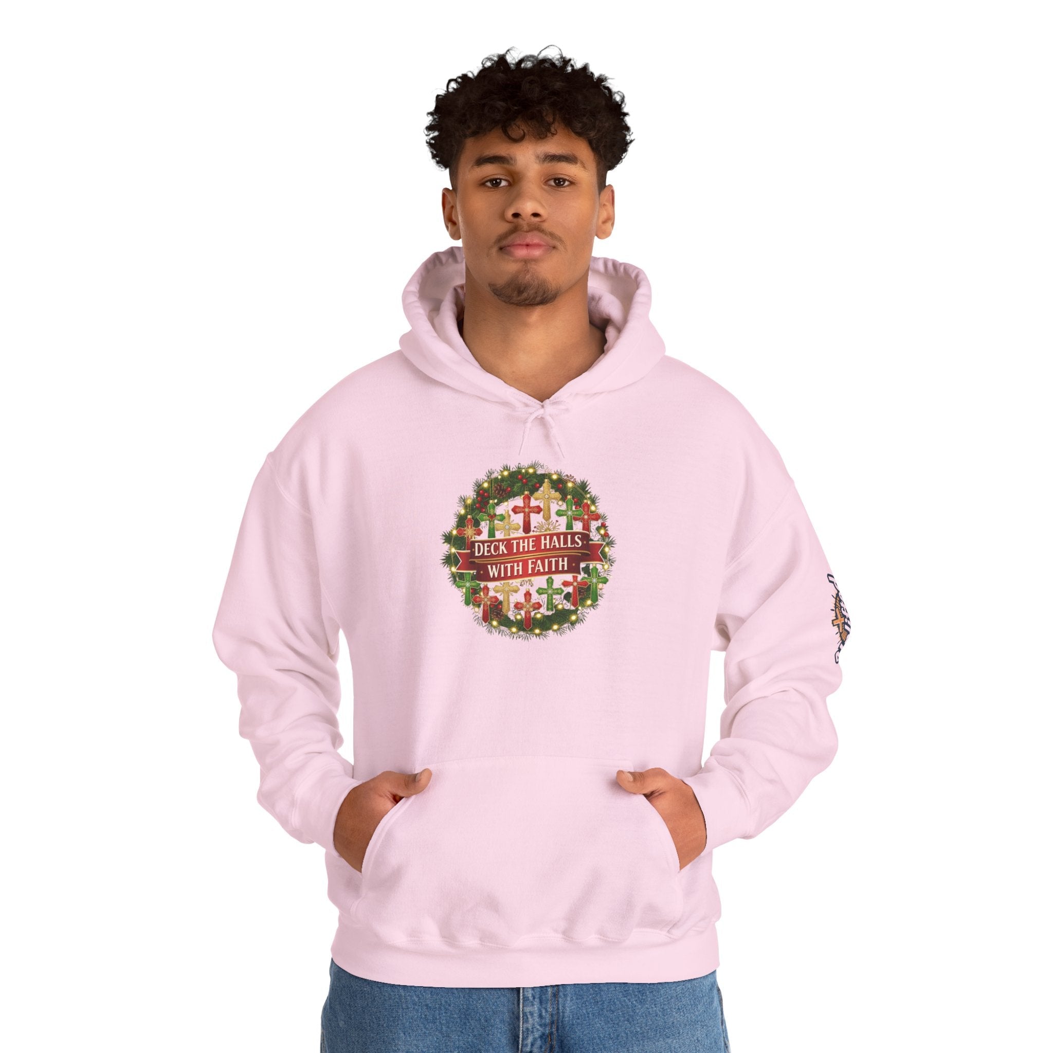 🎄 Deck the Halls with Faith – Christian Christmas Hoodie | Cross Ornament Design & Festive Garland | Bold Holiday Faith Tee by Uplifted Gear Printify