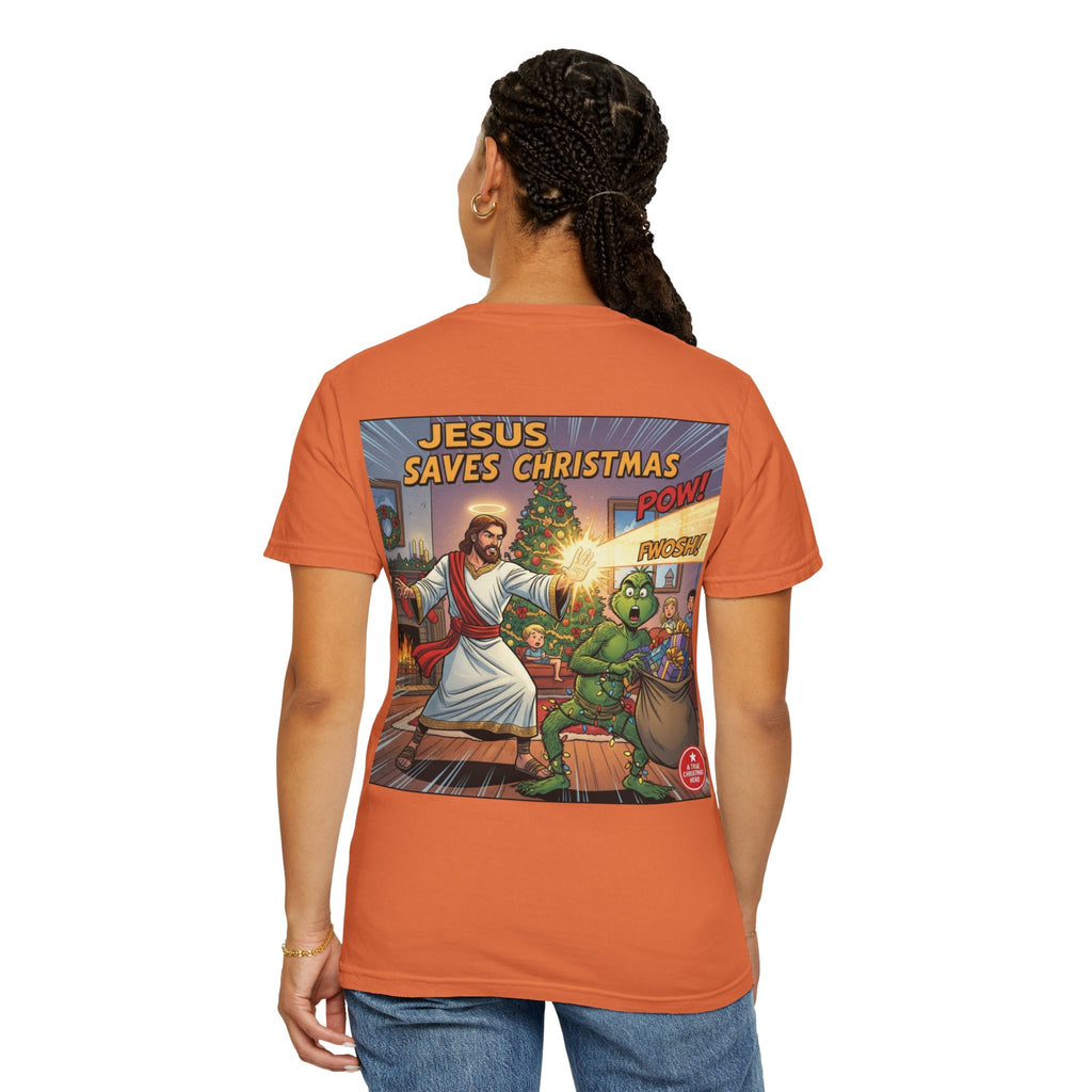 Jesus Saves Christmas T-shirt – Grinch vs Savior Light Battle Christian T-shirt for Hilarious Holiday Faith & True Joy Printify