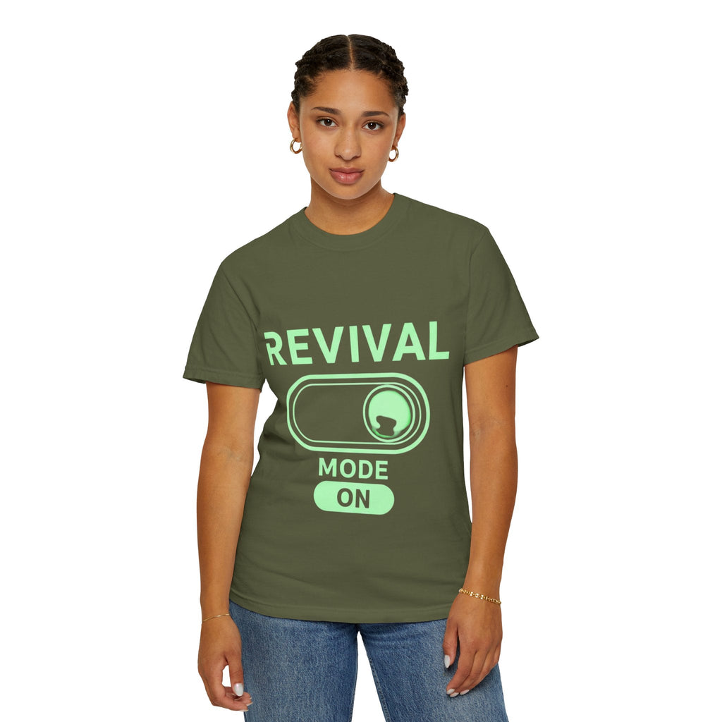 🔥 Revival Mode: ON – Christian Techwear T-Shirt | Glowing Green Faith Switch | Futuristic Jesus Shirt | Activate Your Spiritual Awakening | Uplifted Gear Printify
