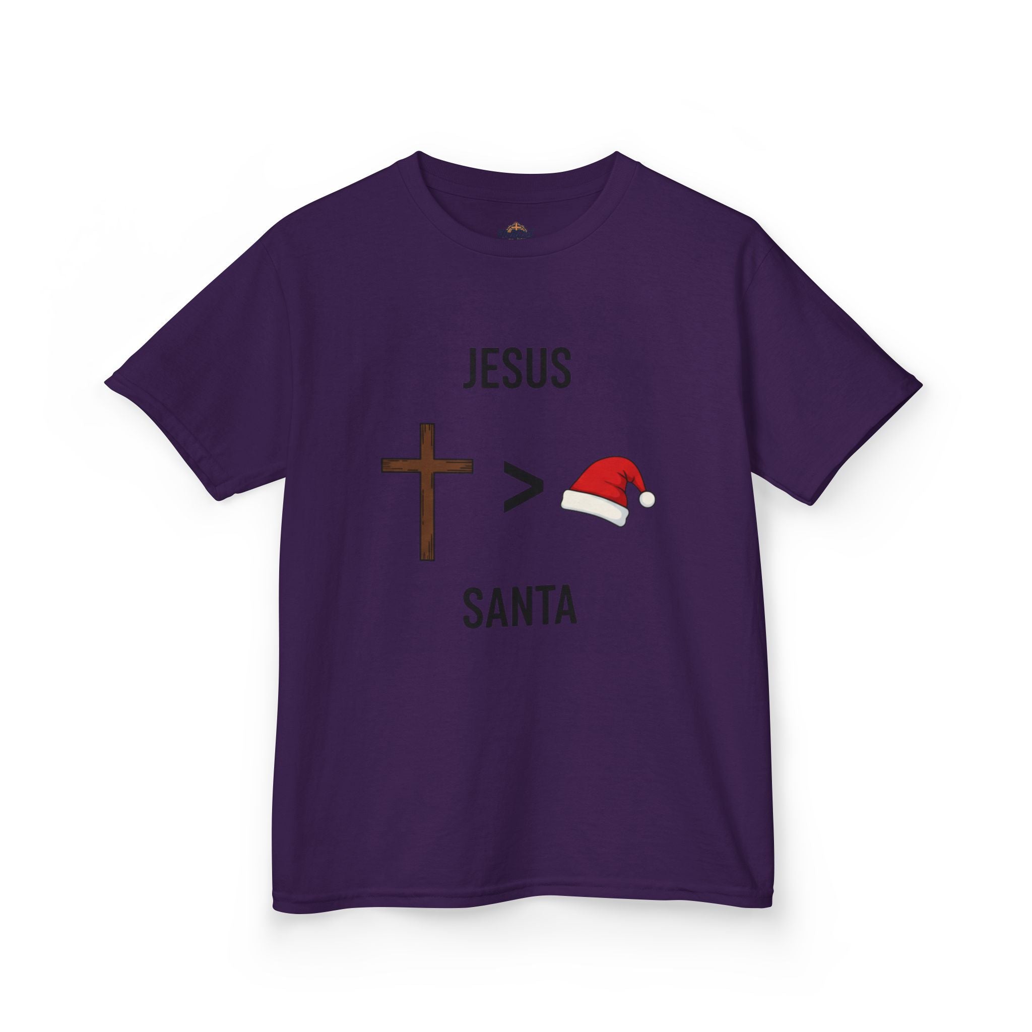 🎄 Jesus > Santa – Minimalist Christian Christmas Kids T-Shirt | Bold Faith Over Holiday Tee | Cross vs Santa Hat Design | Uplifted Gear Printify