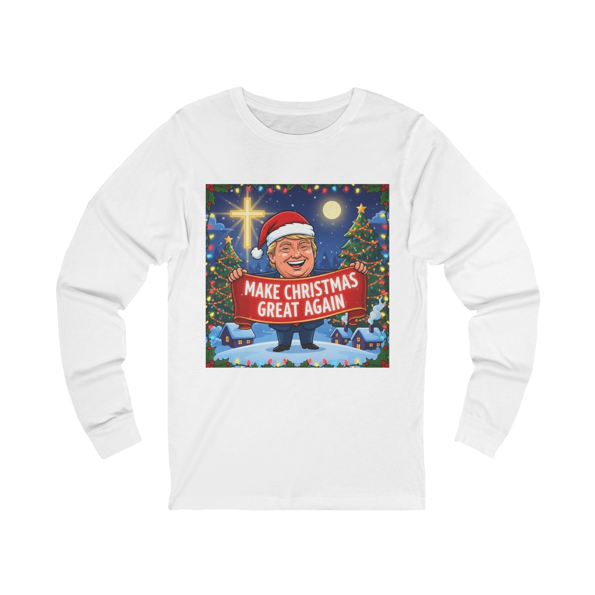🎄 Make Christmas Great Again – Patriotic Christian Christmas Long Sleeve Shirt | Bold Holiday Faith Tee | Red & White Banner Design | Uplifted Gear Printify