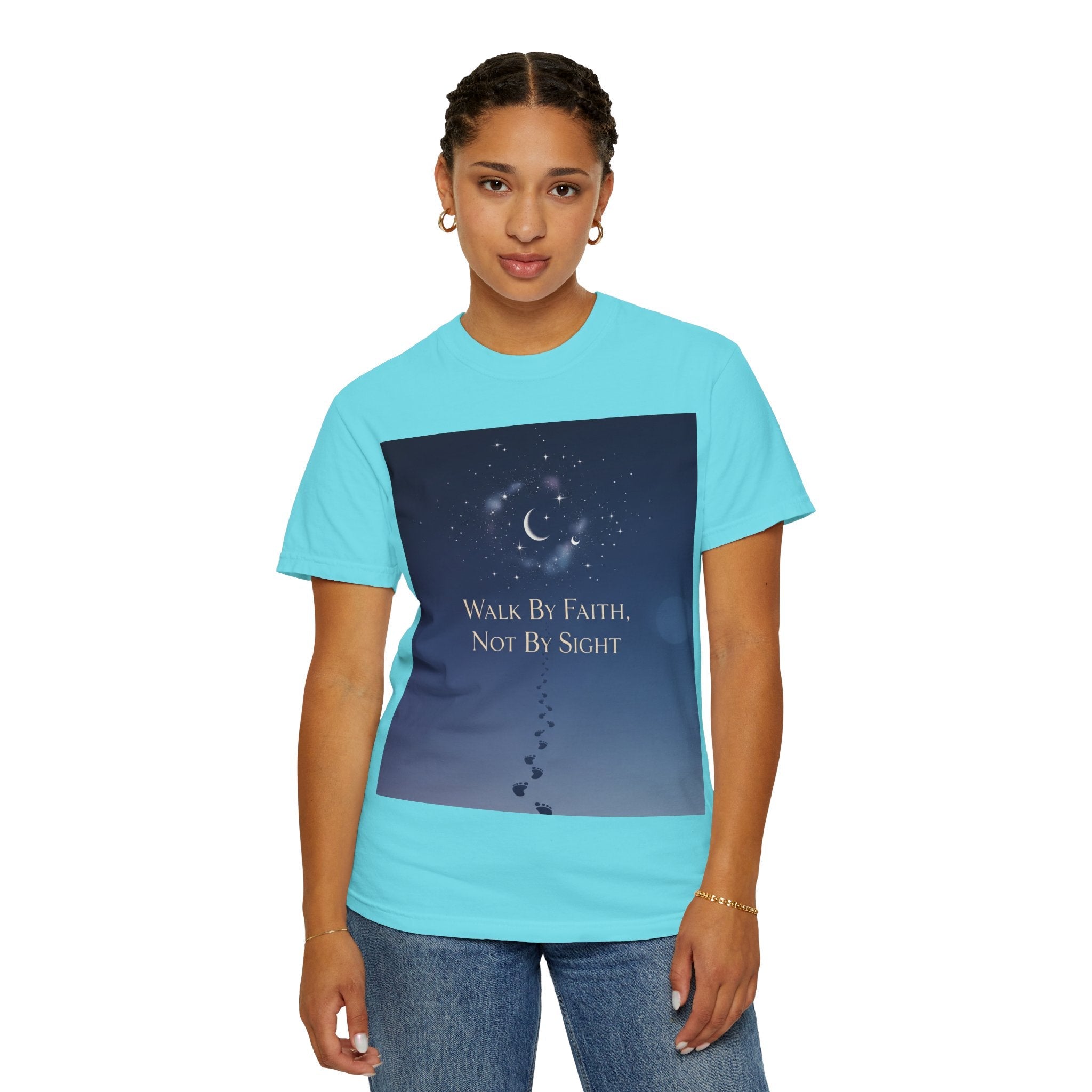 Walk by Faith, Not by Sight T-Shirt – Footprints in the Sand Christian Moonlit Tee Printify