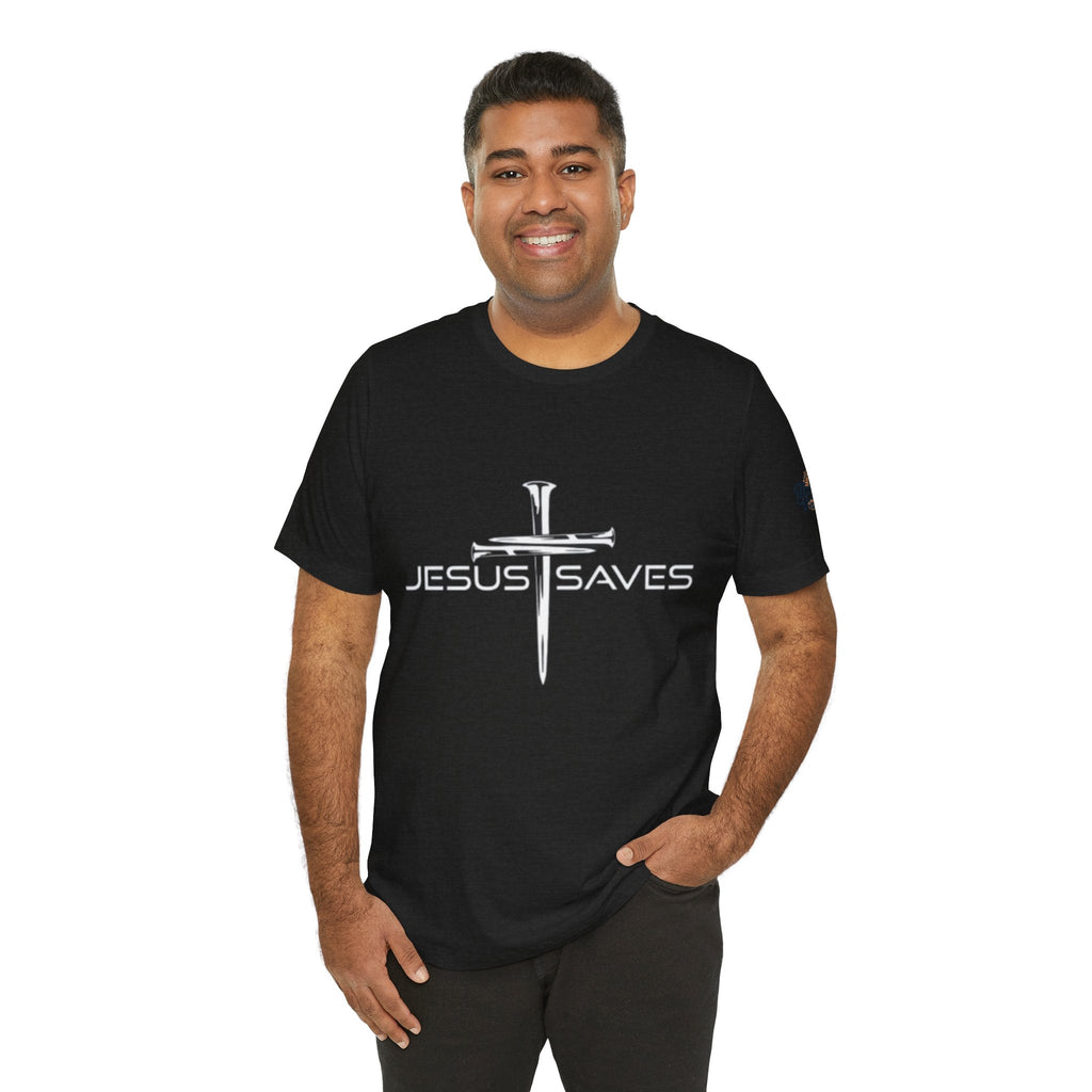 Jesus Saves T-shirt – 3 Nails Crucifix Cross Christian T-shirt for Redemption Faith & Bold Salvation Printify