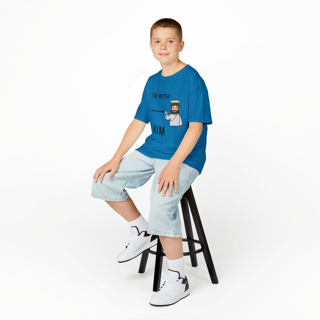 🔥 I’m With Him → Christian Kids T-Shirt | Arrow Pointing to Jesus | Minimalist Faith Tee | Subtle Cross Design | Bible-Inspired Apparel by Uplifted Gear Printify