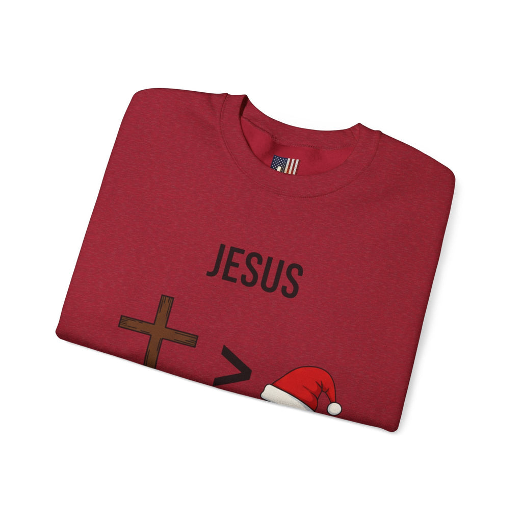 🎄 Jesus > Santa – Minimalist Christian Christmas Sweatshirt | Bold Faith Over Holiday Tee | Cross vs Santa Hat Design | Uplifted Gear Printify