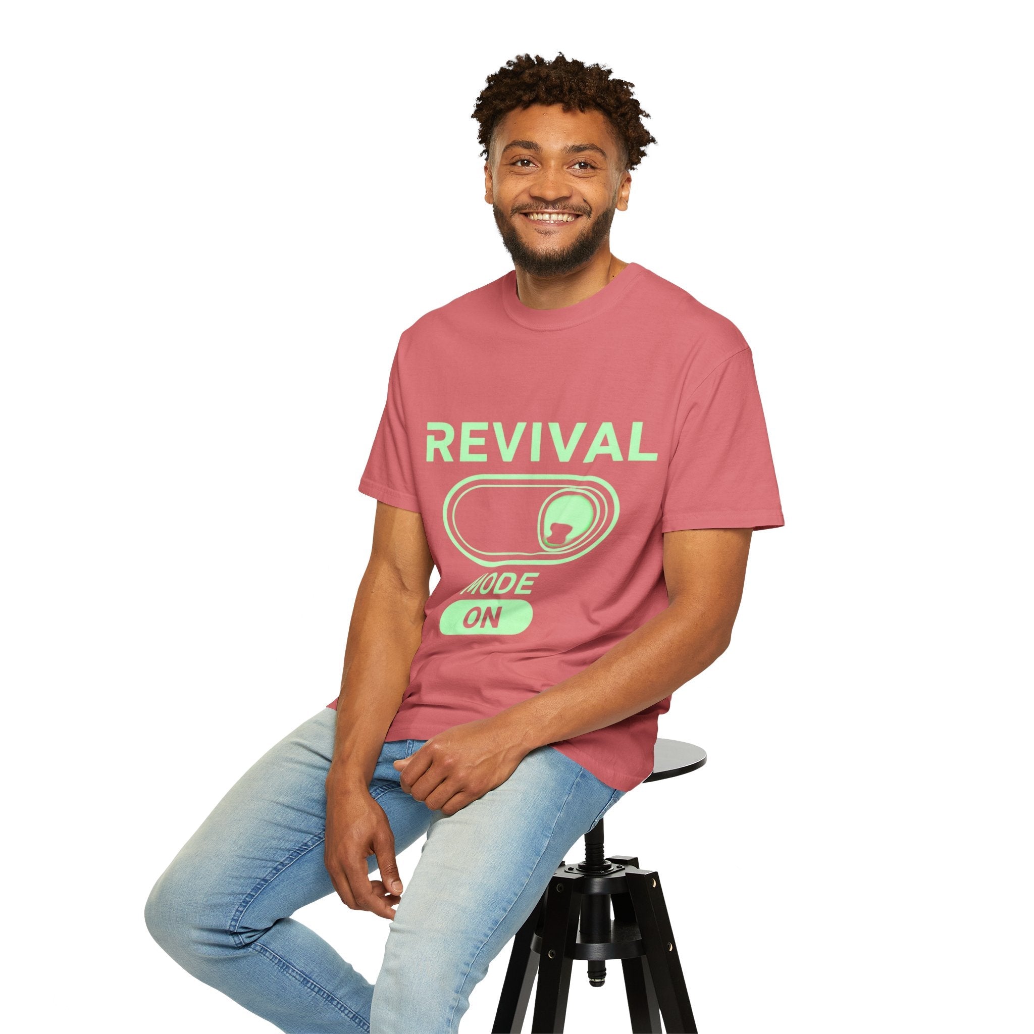 🔥 Revival Mode: ON – Christian Techwear T-Shirt | Glowing Green Faith Switch | Futuristic Jesus Shirt | Activate Your Spiritual Awakening | Uplifted Gear Printify