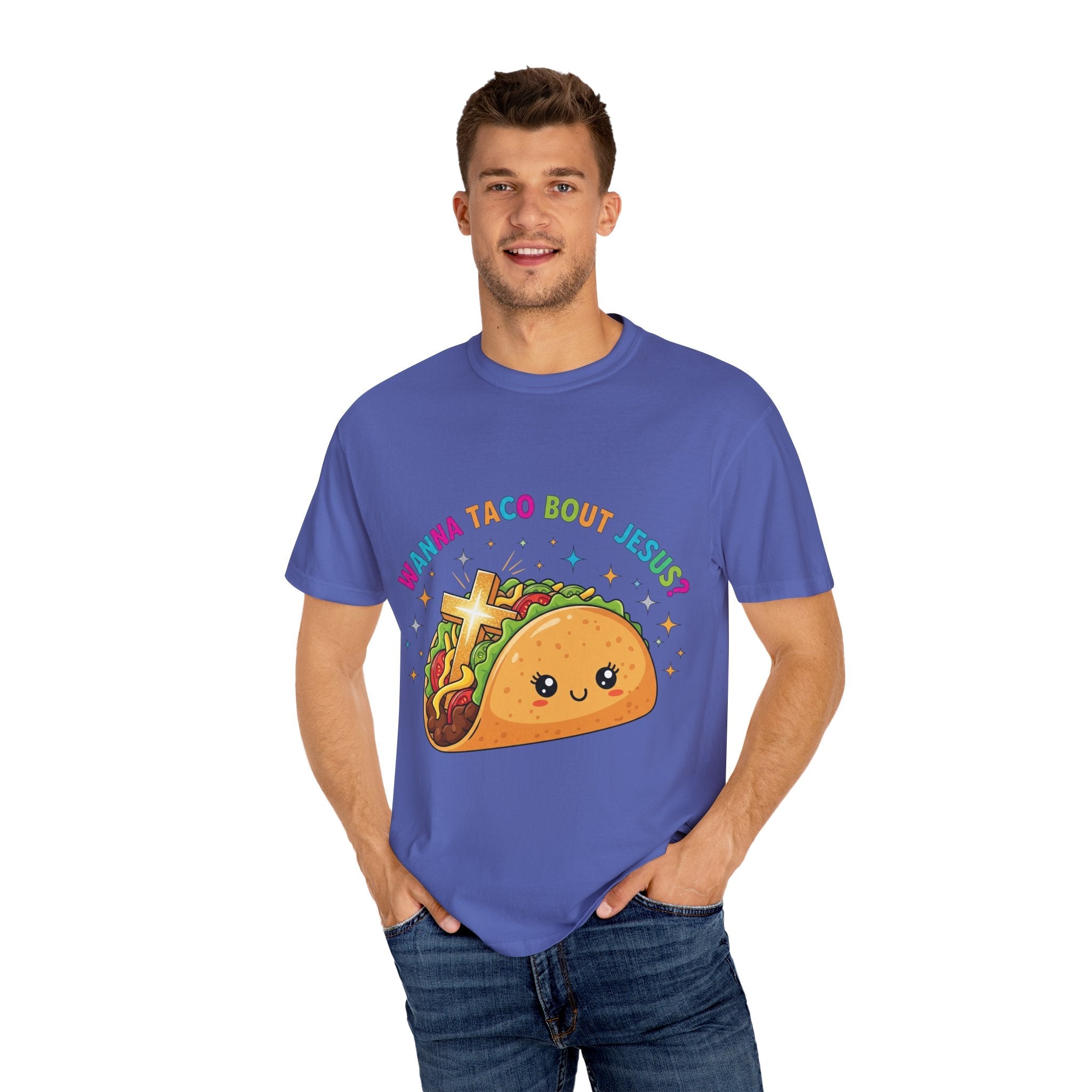 Wanna Taco 'Bout Jesus? Funny Christian Pun T-Shirt – Lettuce Pray & Share Faith! Printify