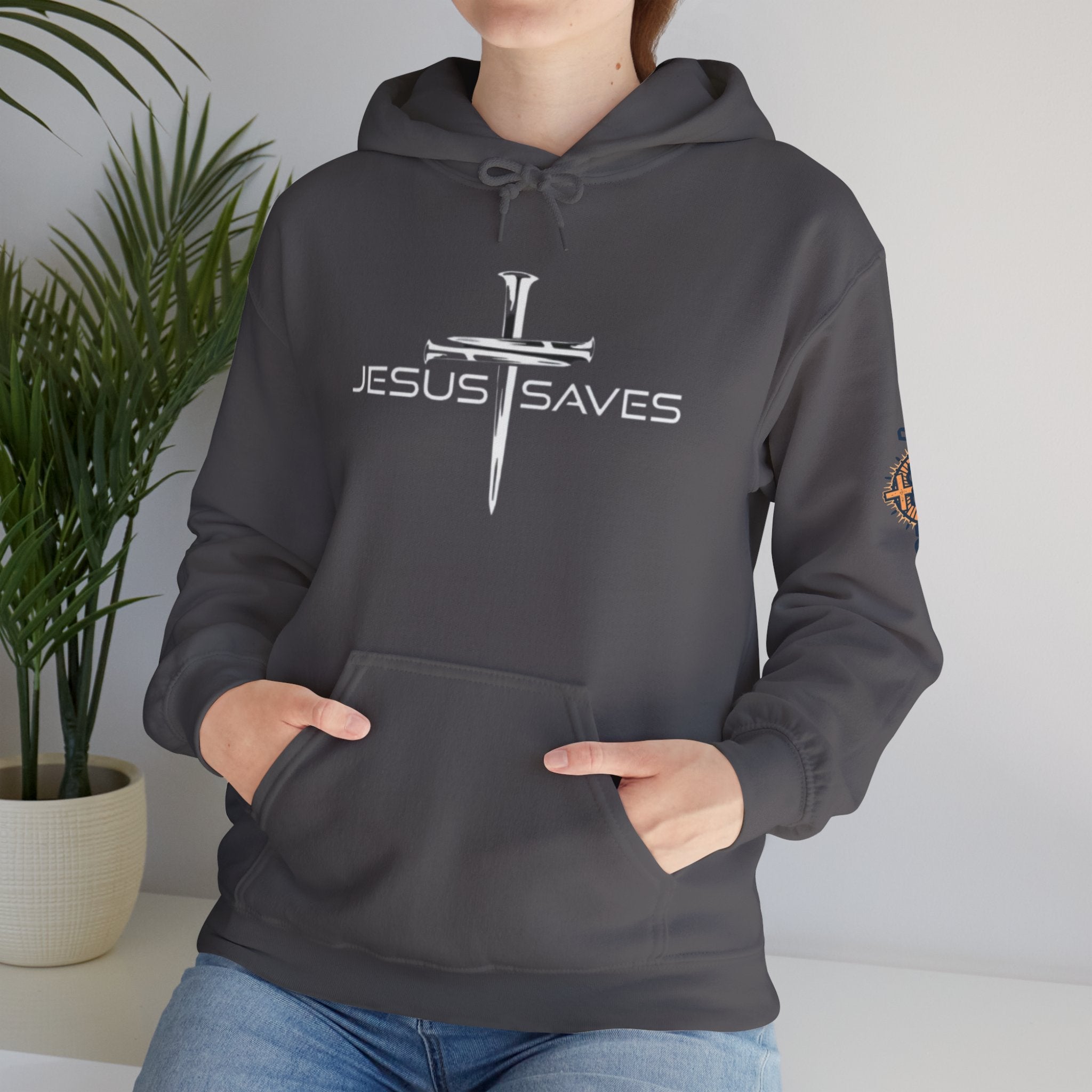 Jesus Saves Hoodie – 3 Nails Crucifix Cross Christian Sweatshirt for Redemption Faith & Bold Salvation Printify