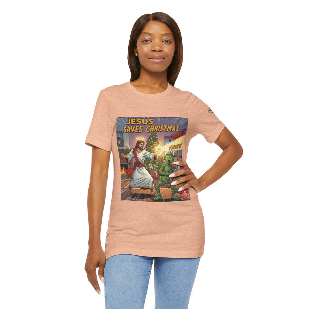 Jesus Saves Christmas T-shirt – Grinch vs Savior Light Battle Christian T-shirt for Hilarious Holiday Faith & True Joy Printify