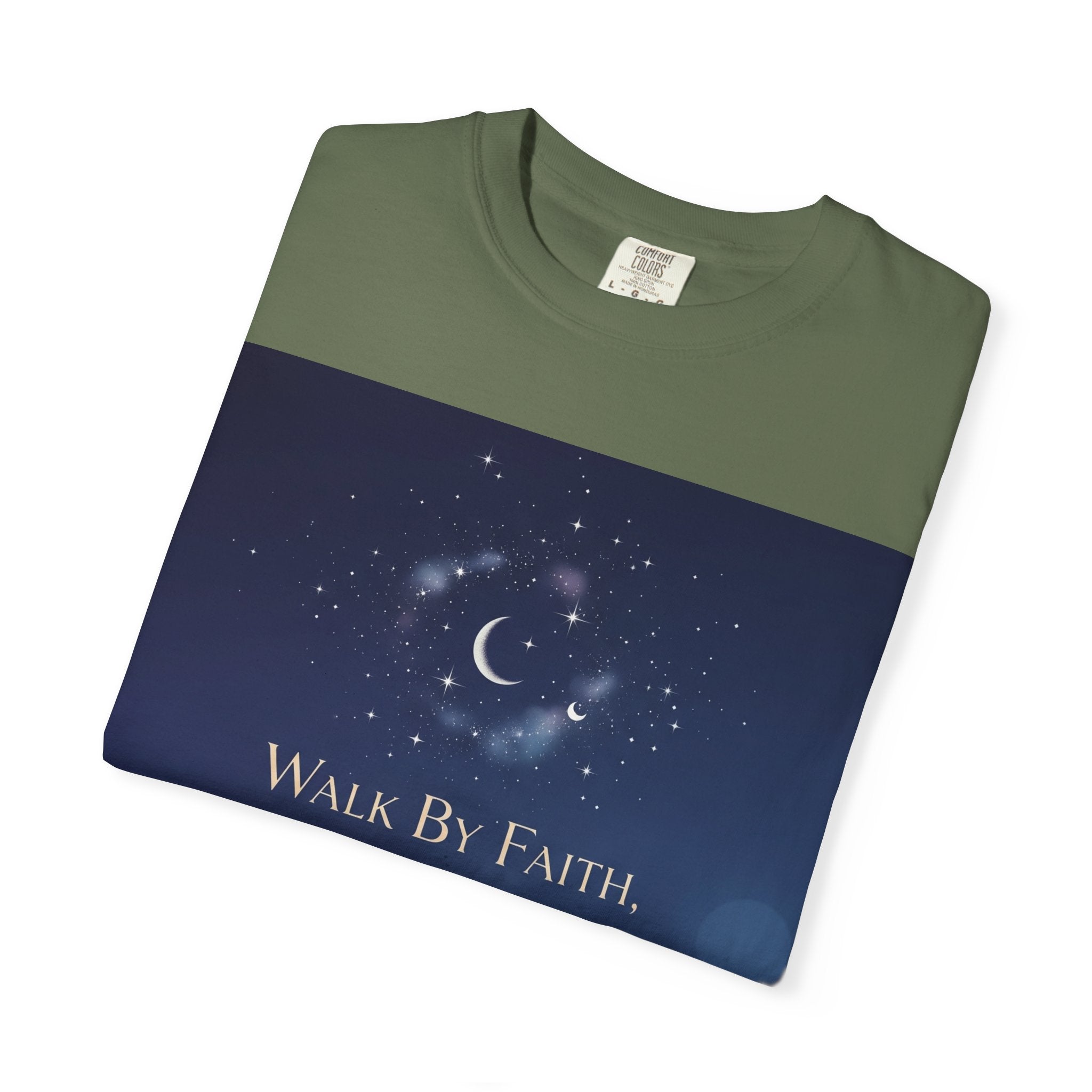 Walk by Faith, Not by Sight T-Shirt – Footprints in the Sand Christian Moonlit Tee Printify