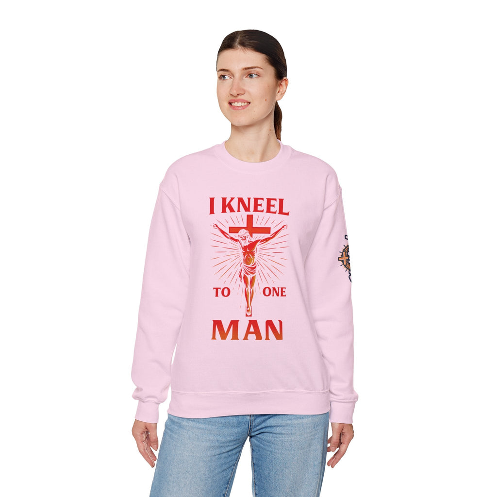 I Kneel to One Man Sweatshirt – Crucifixion Christian Sweatshirt for Unashamed Devotion & Bold Faith Printify
