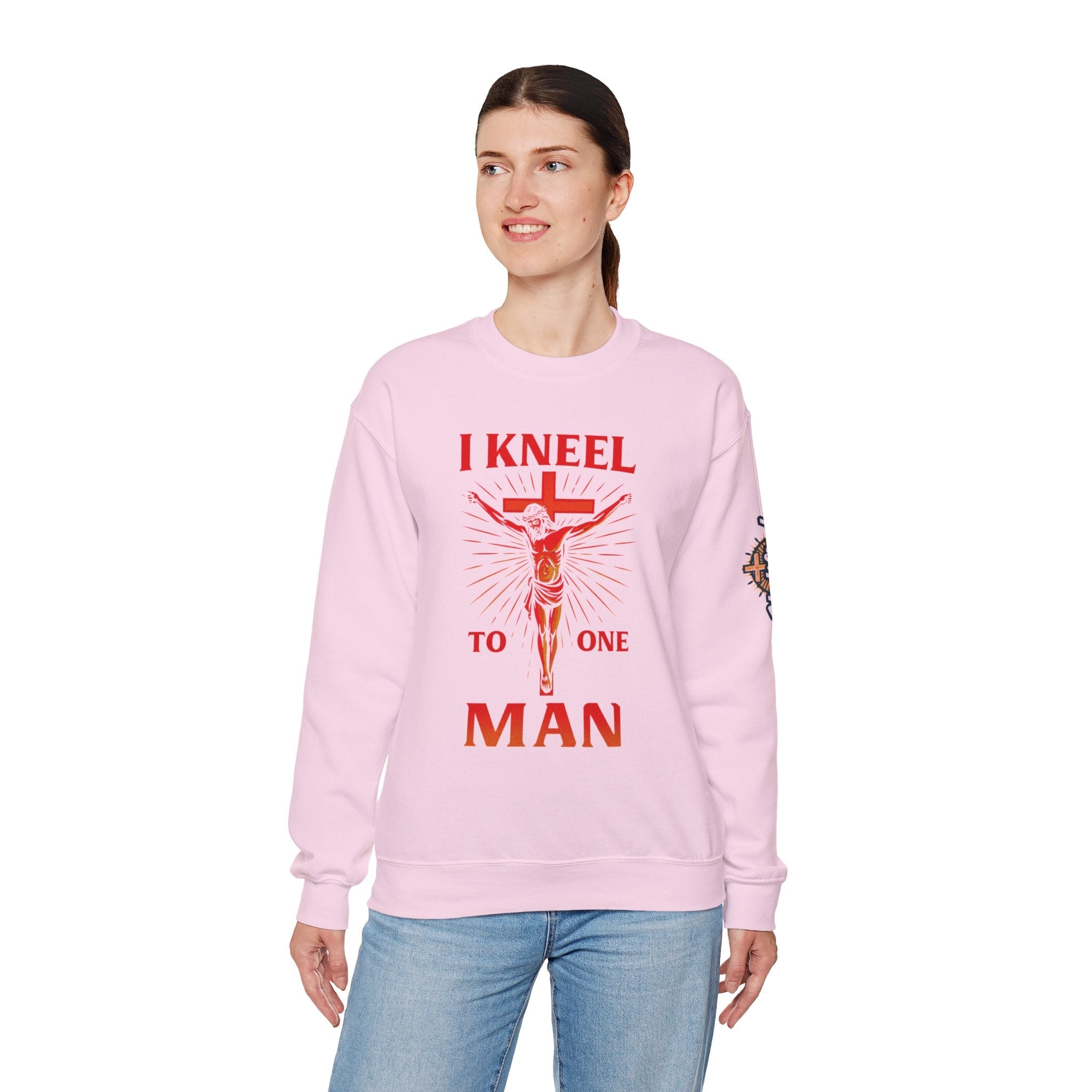 I Kneel to One Man Sweatshirt – Crucifixion Christian Sweatshirt for Unashamed Devotion & Bold Faith Printify