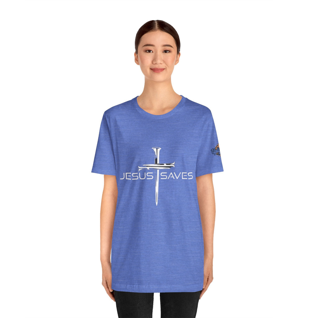 Jesus Saves T-shirt – 3 Nails Crucifix Cross Christian T-shirt for Redemption Faith & Bold Salvation Printify