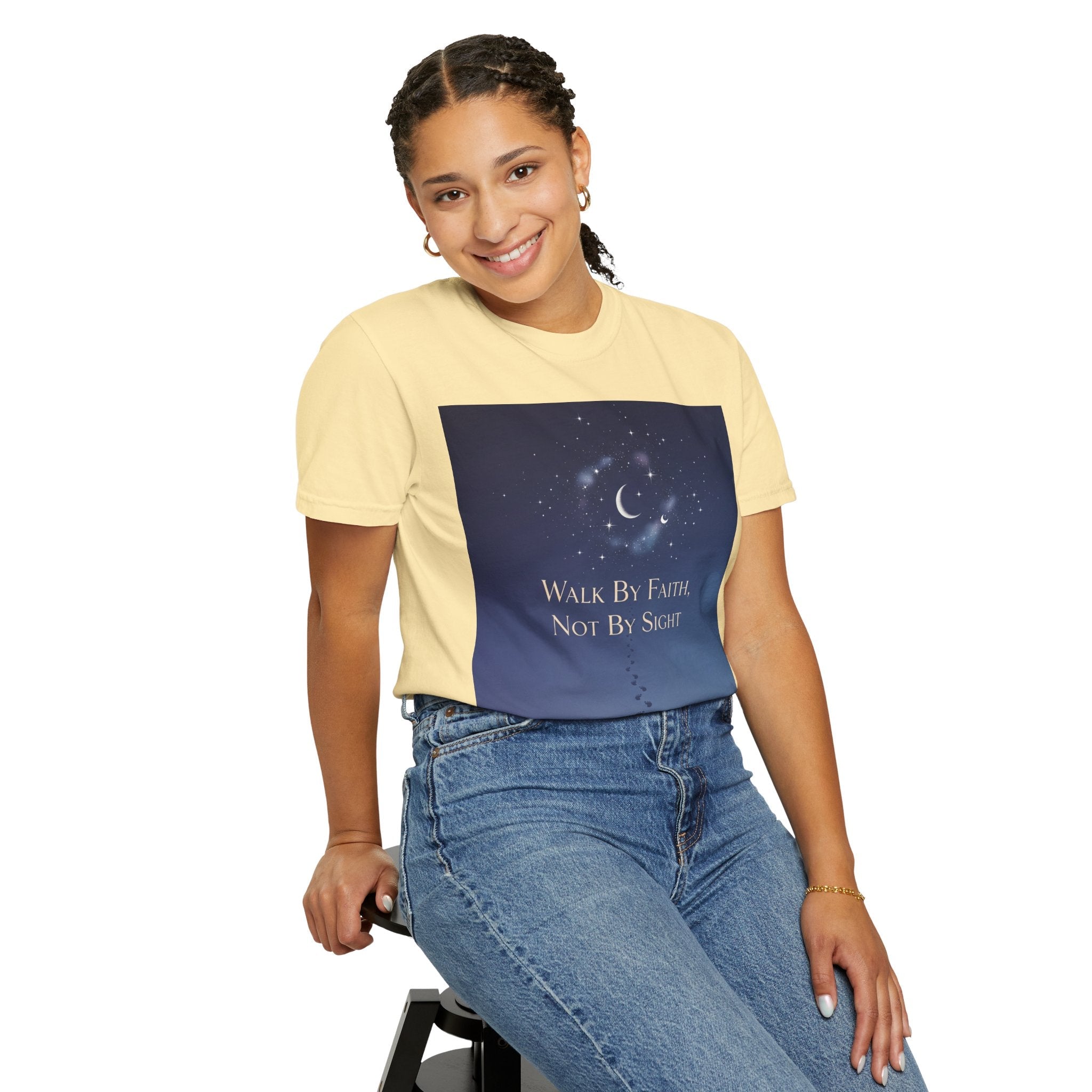 Walk by Faith, Not by Sight T-Shirt – Footprints in the Sand Christian Moonlit Tee Printify