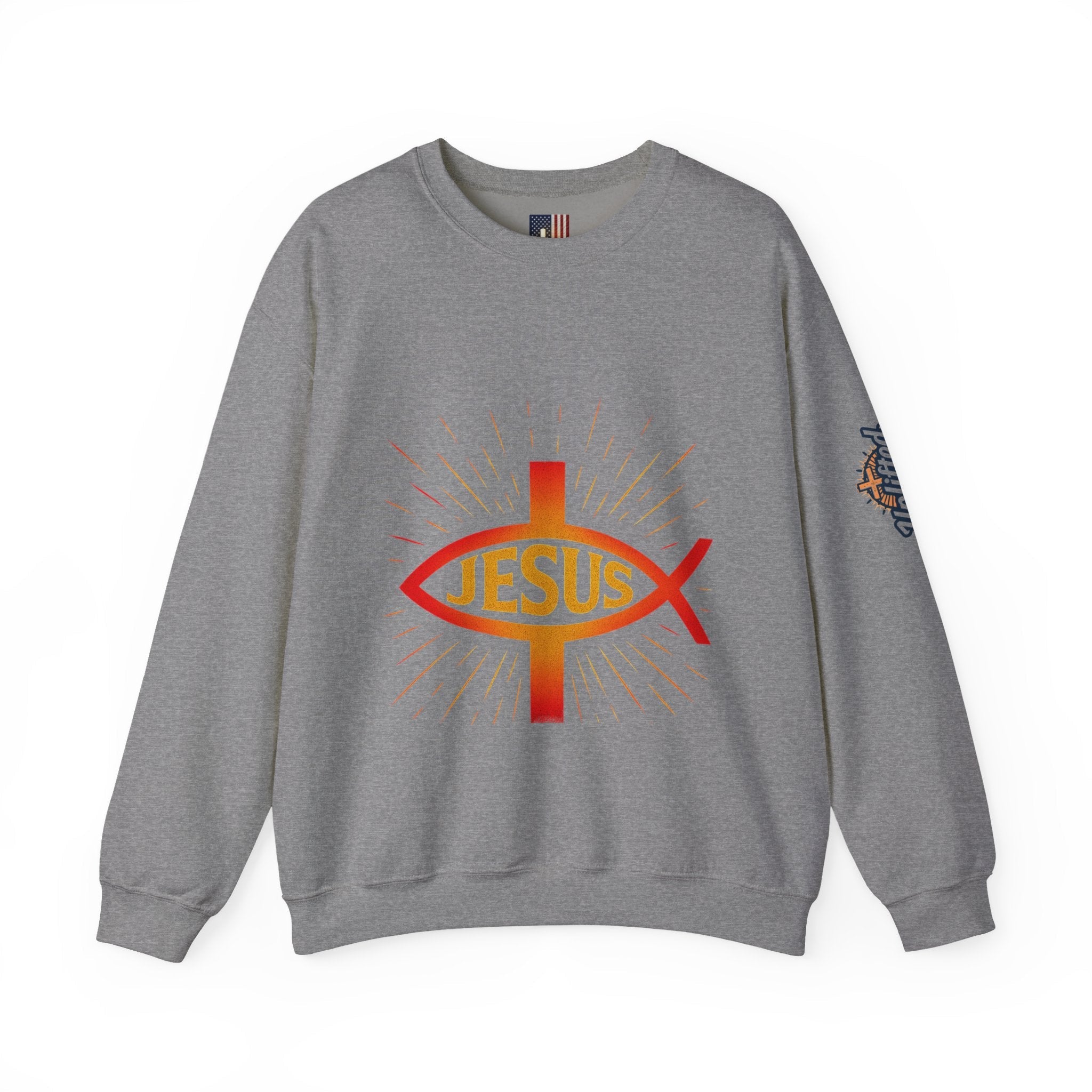 Jesus Ichthys Sweatshirt – Christian Fish Symbol with Cross & Jesus Inscription Sweatshirt for Eternal Faith & Streetwear Printify