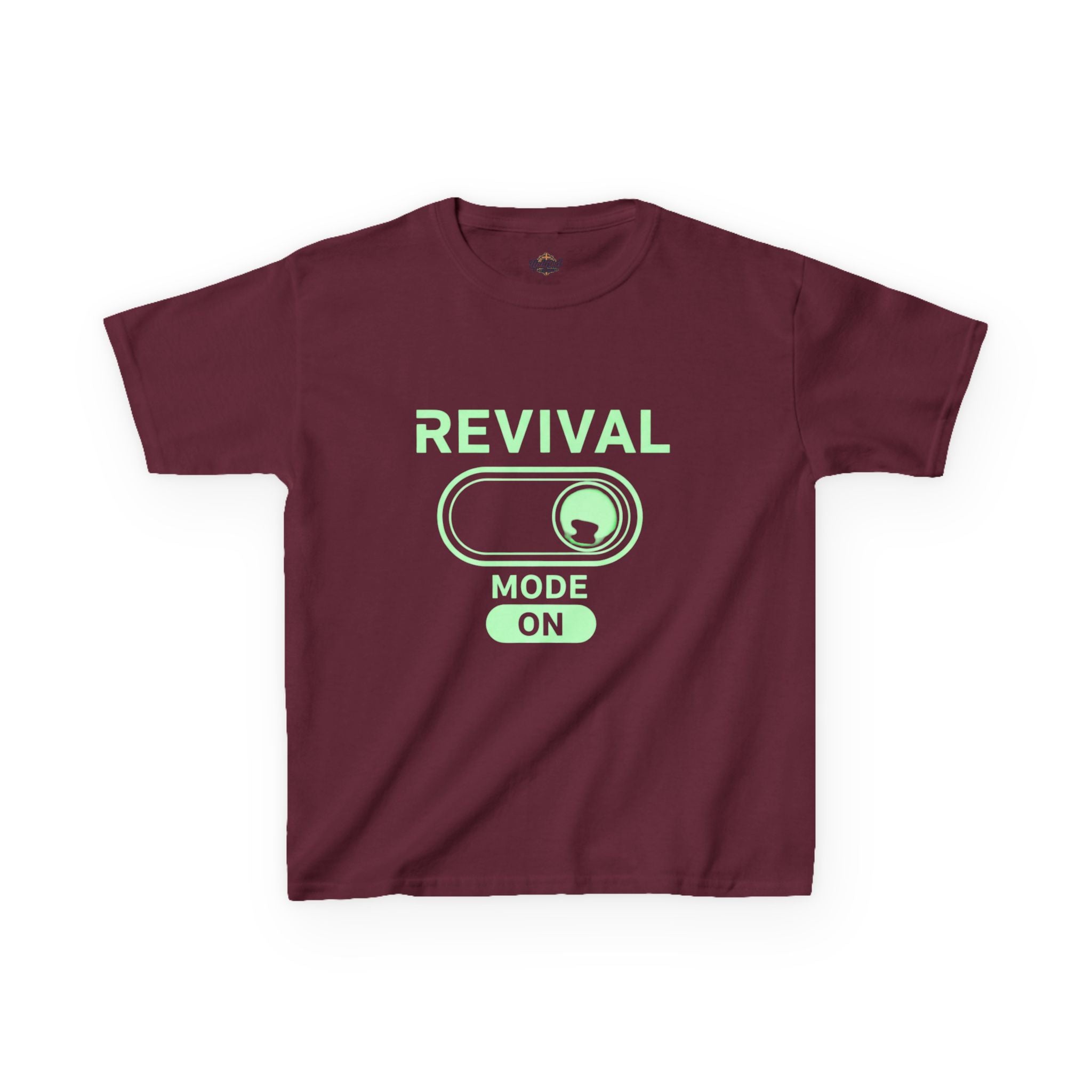 🔥 Revival Mode: ON – Christian Techwear Kids T-Shirt | Glowing Green Faith Switch | Futuristic Jesus Shirt | Activate Your Spiritual Awakening | Uplifted Gear Printify