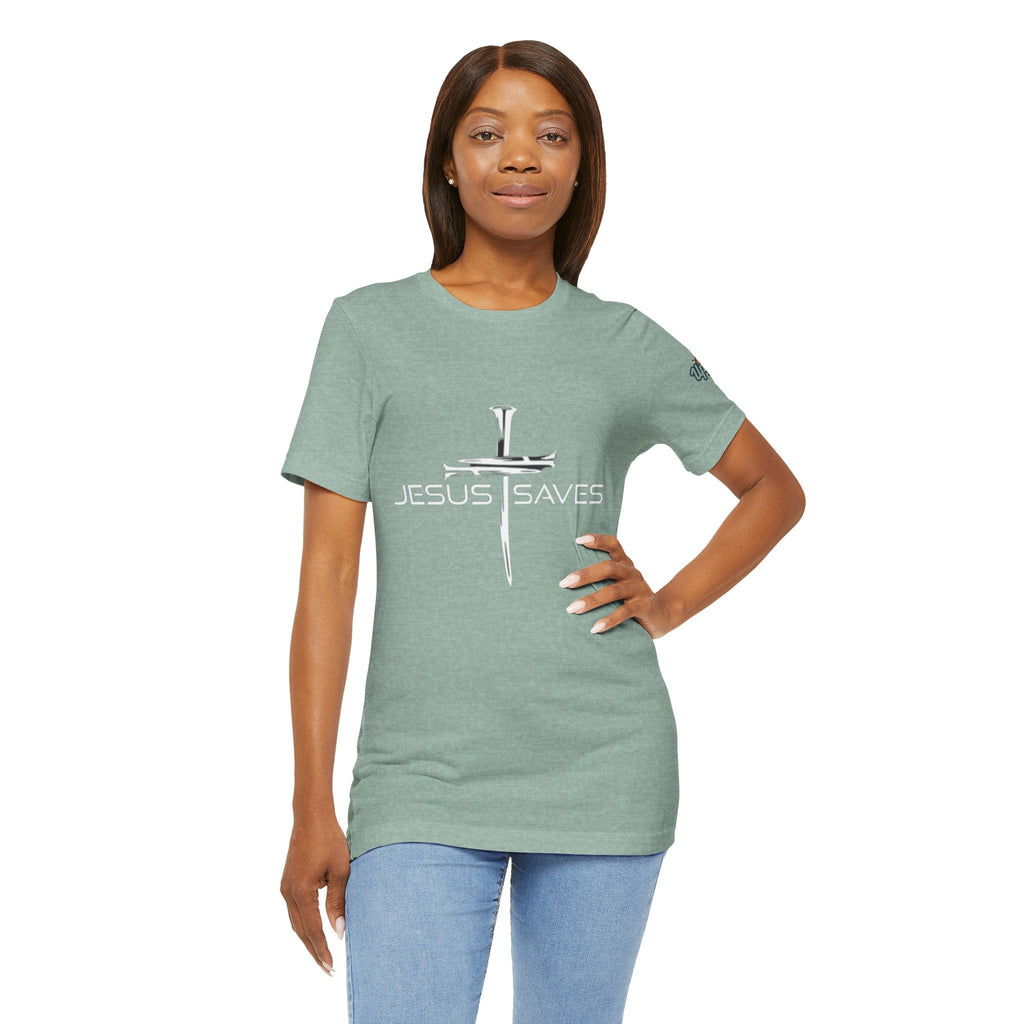 Jesus Saves T-shirt – 3 Nails Crucifix Cross Christian T-shirt for Redemption Faith & Bold Salvation Printify