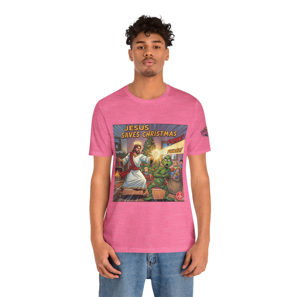 Jesus Saves Christmas T-shirt – Grinch vs Savior Light Battle Christian T-shirt for Hilarious Holiday Faith & True Joy Printify
