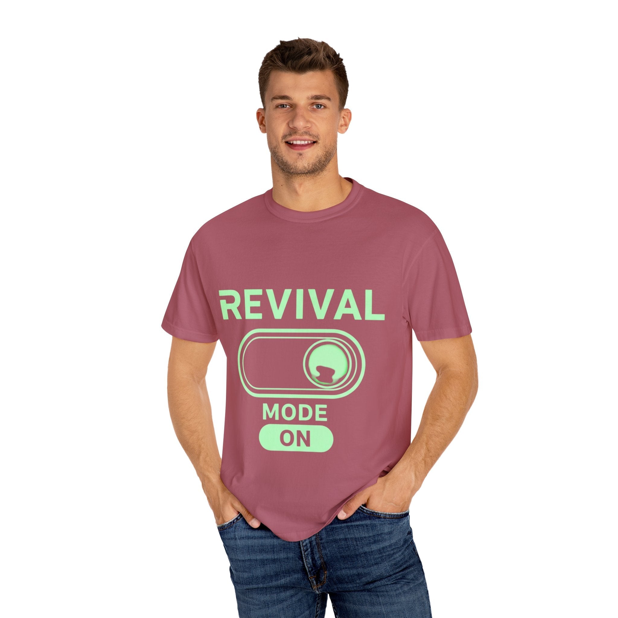 🔥 Revival Mode: ON – Christian Techwear T-Shirt | Glowing Green Faith Switch | Futuristic Jesus Shirt | Activate Your Spiritual Awakening | Uplifted Gear Printify
