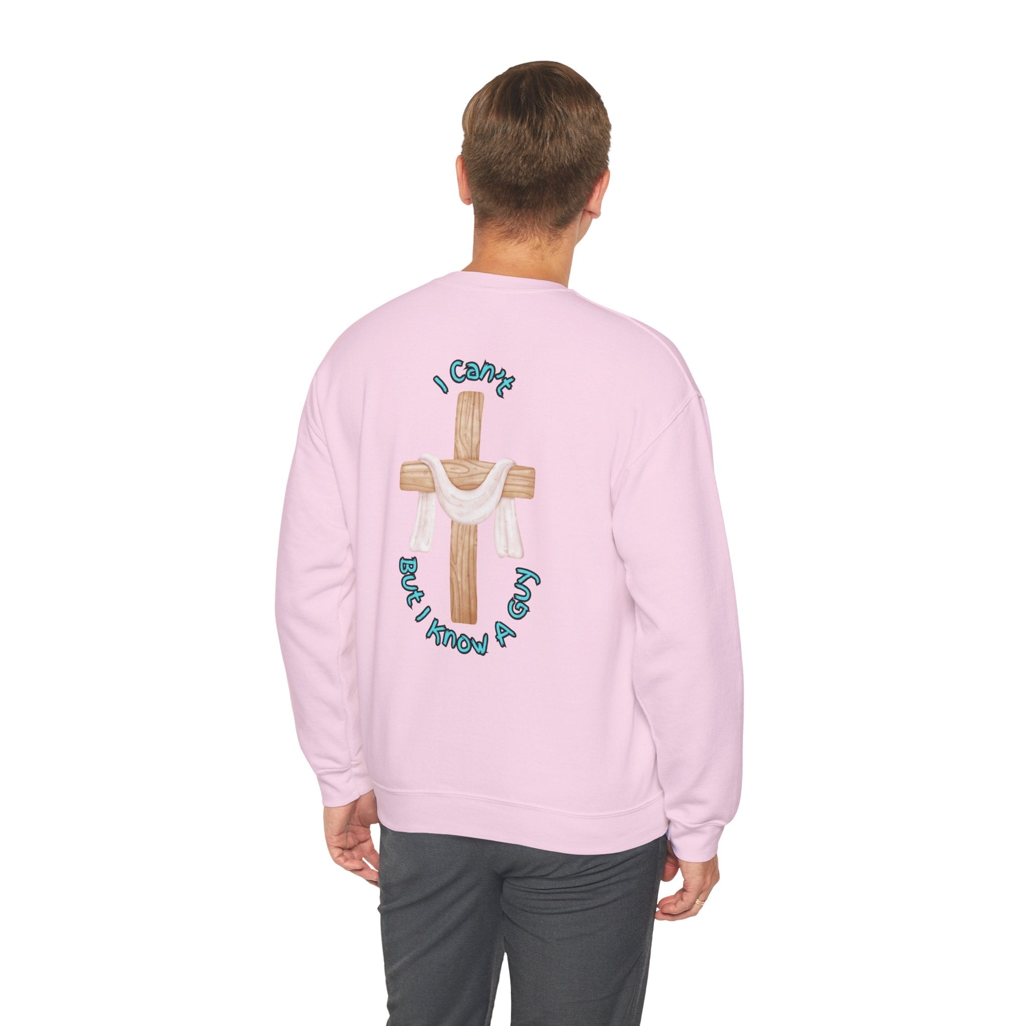 I Can’t, But I Know a Guy Sweatshirt – Jesus Cross Christian Sweatshirt for Cozy Faith Printify