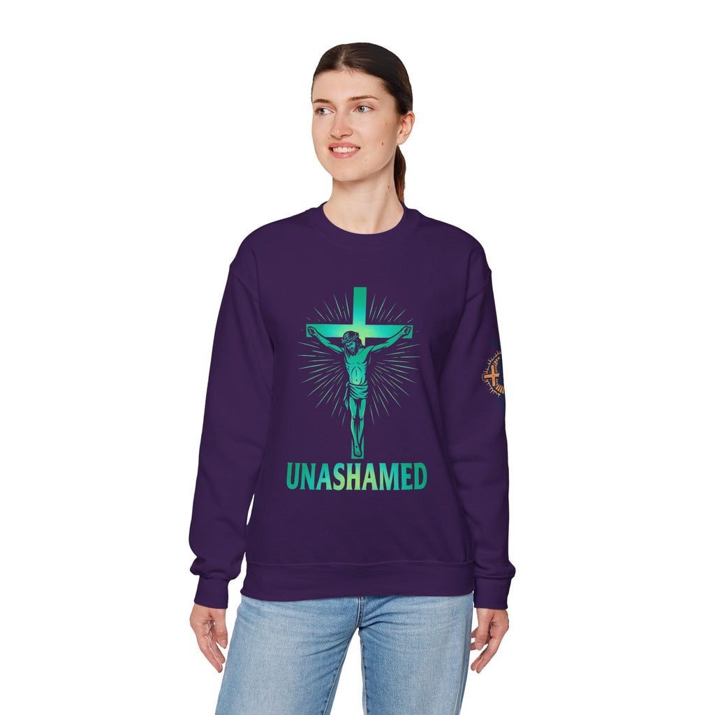 Unashamed Sweatshirt – Romans 1:16 Crucifixion Christian Sweatshirt for Bold Unwavering Faith Printify