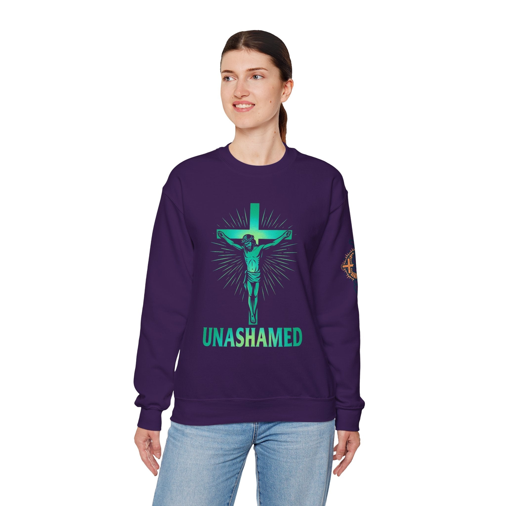 Unashamed Sweatshirt – Romans 1:16 Crucifixion Christian Sweatshirt for Bold Unwavering Faith Printify