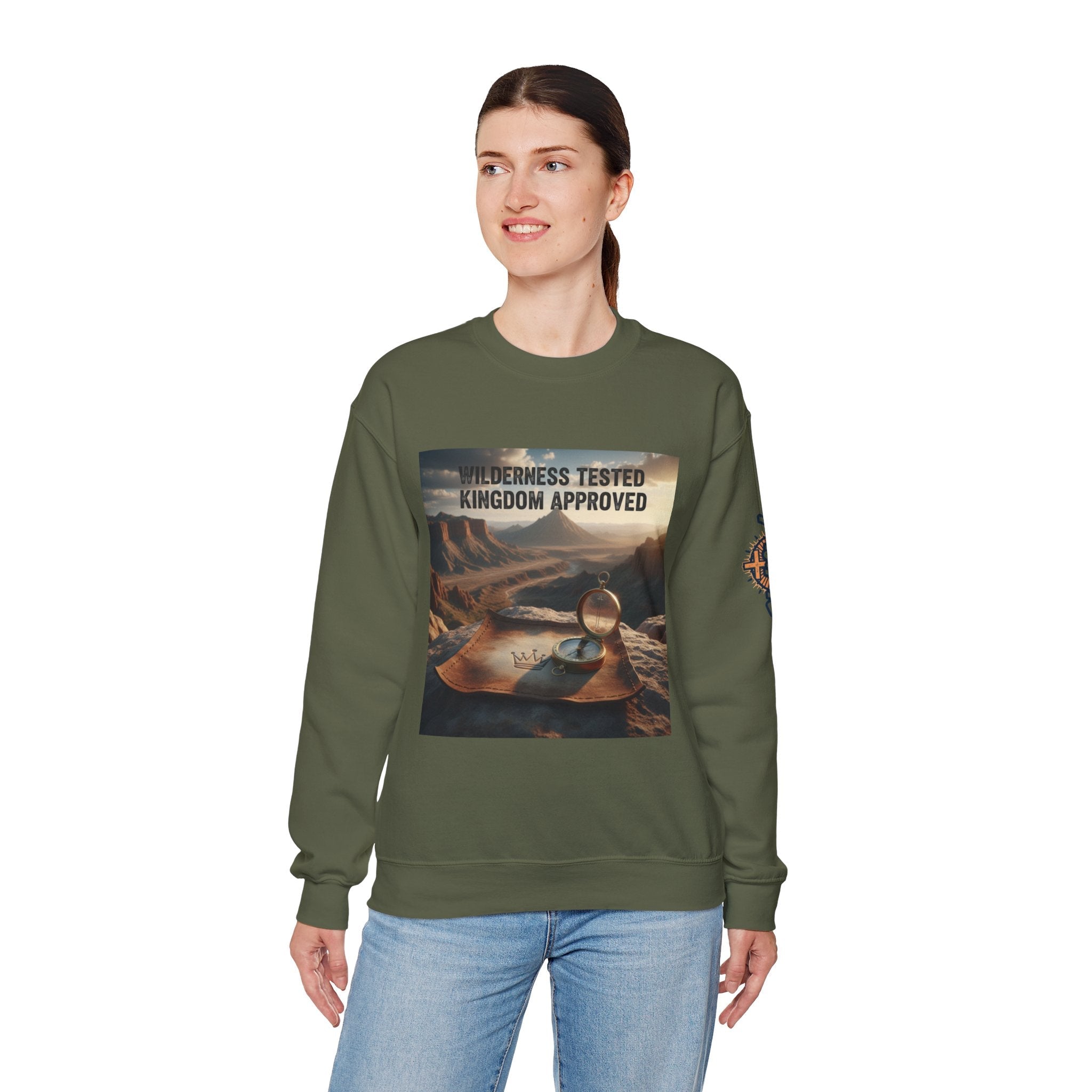 Wilderness Tested Kingdom Approved Sweatshirt – Mountain Desert Compass Crown Christian Sweatshirt for Biblical Adventure Faith Printify