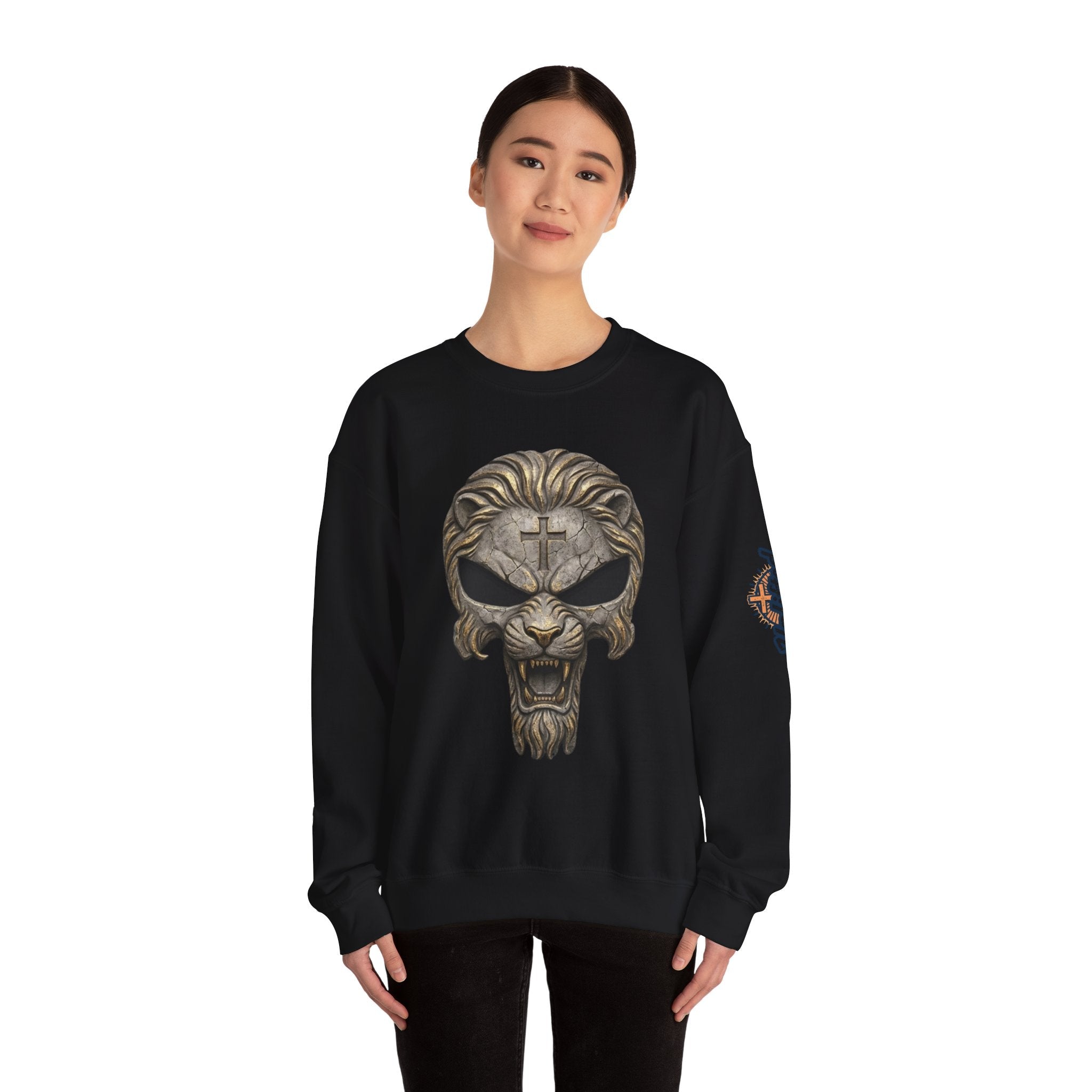 Lion of Judah Skull Christian Sweatshirt - Warrior Faith Cross Sweatshirt Printify