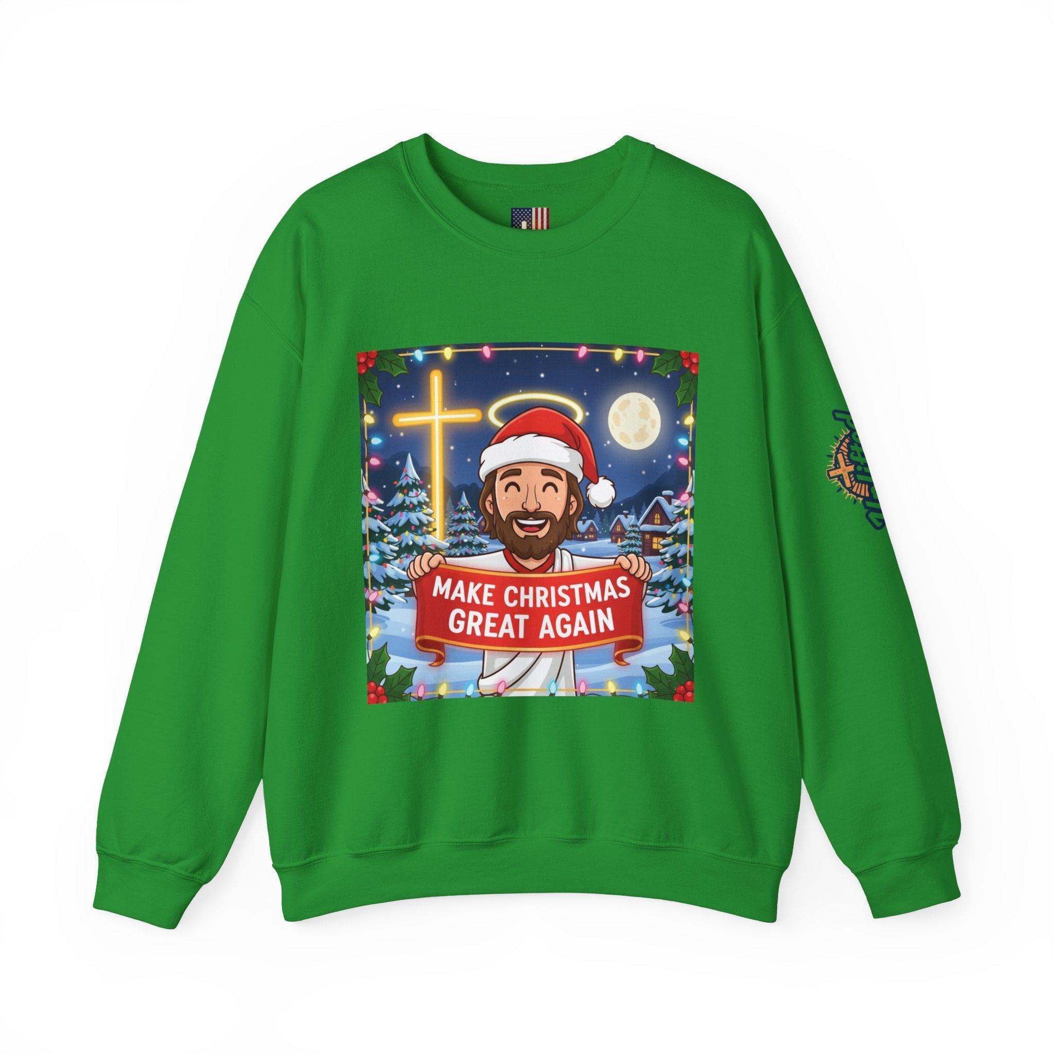 🎄 Make Christmas Great Again – Funny Christian Sweatshirt | Jesus Holding Banner | Faith-Based Holiday Parody Tee | Uplifted Gear Printify