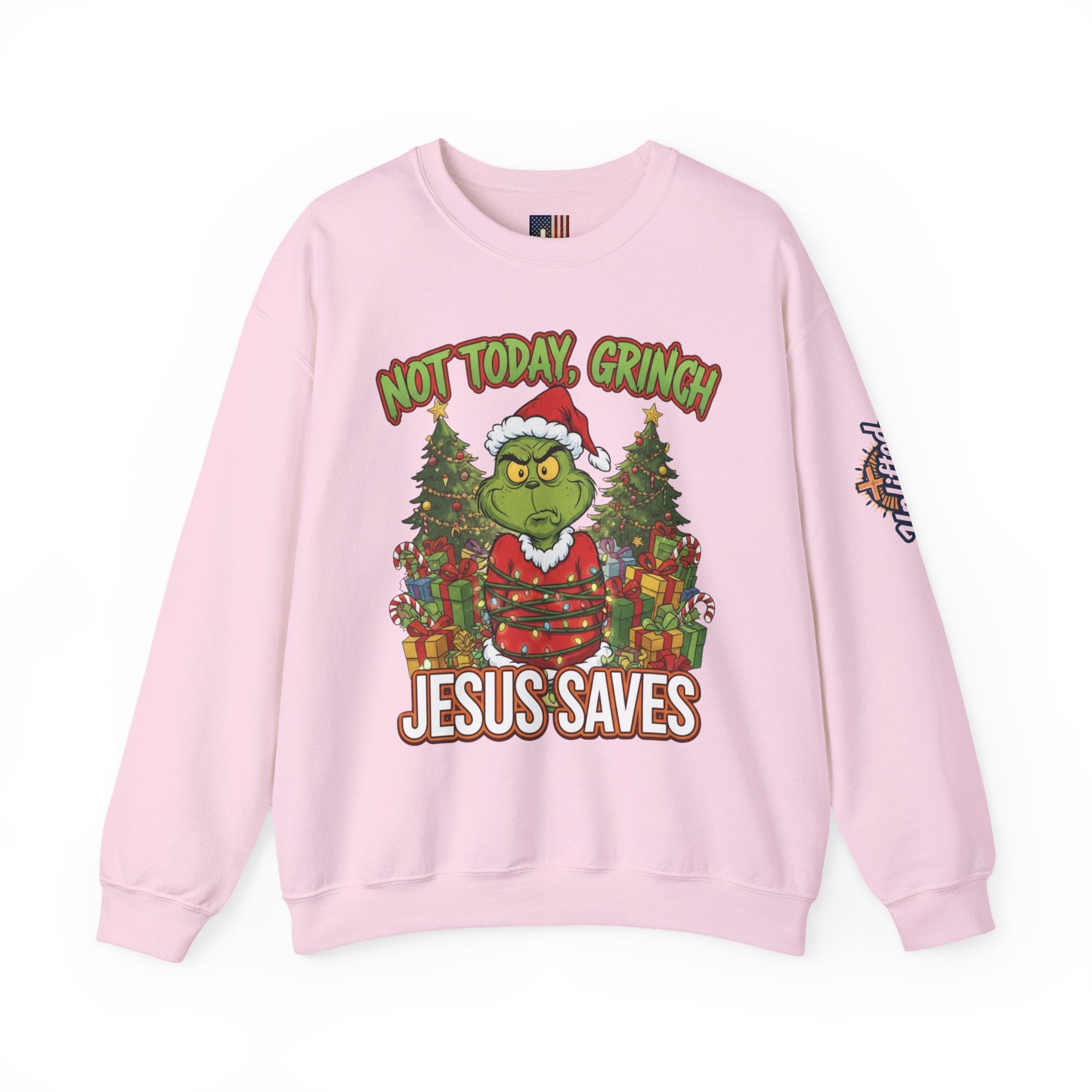🎄 Not Today, Grinch – Jesus Saves | Funny Christian Christmas Sweatshirt | Sulking Grinch & Glowing Cross | Bold Neon Faith Tee by Uplifted Gear Printify
