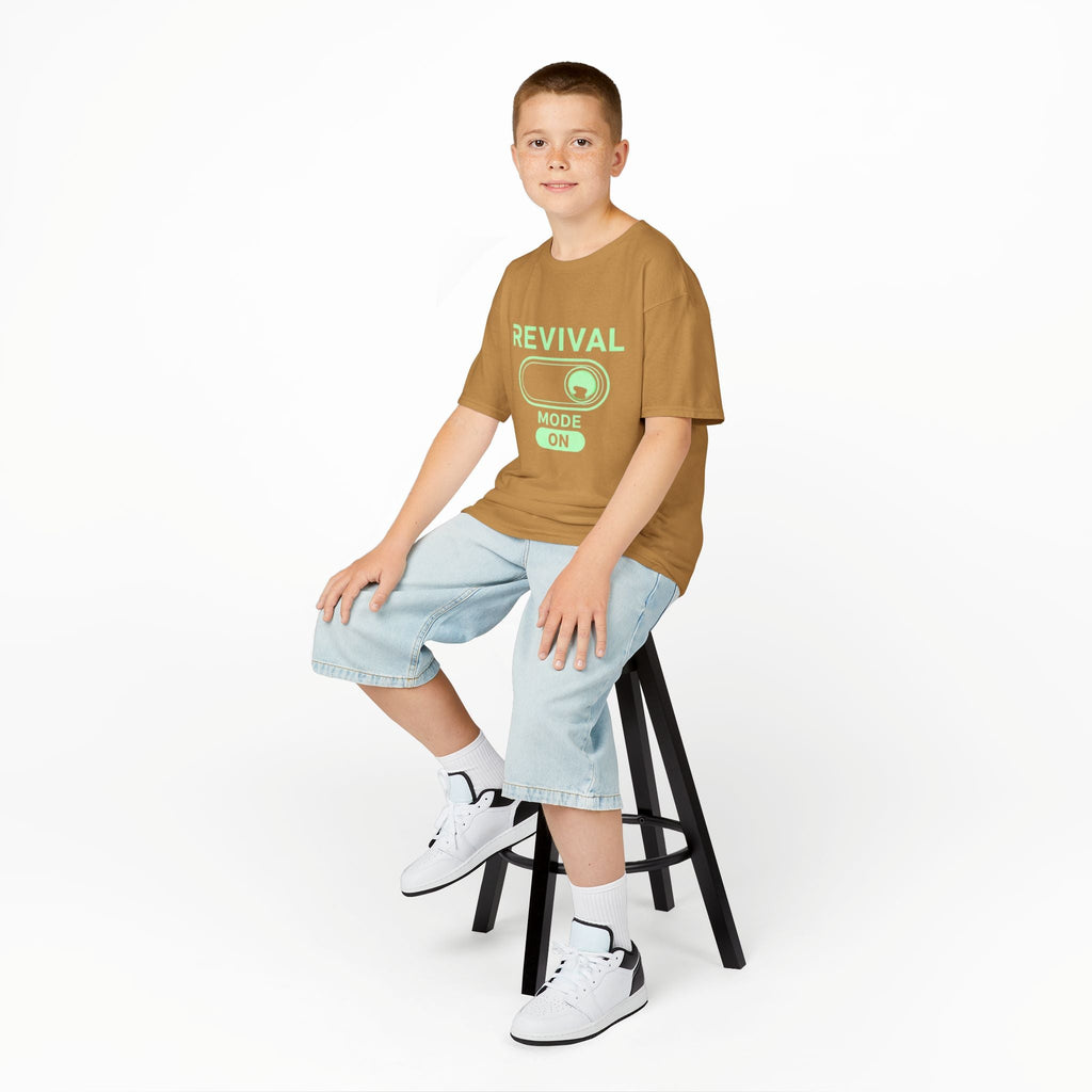 🔥 Revival Mode: ON – Christian Techwear Kids T-Shirt | Glowing Green Faith Switch | Futuristic Jesus Shirt | Activate Your Spiritual Awakening | Uplifted Gear Printify