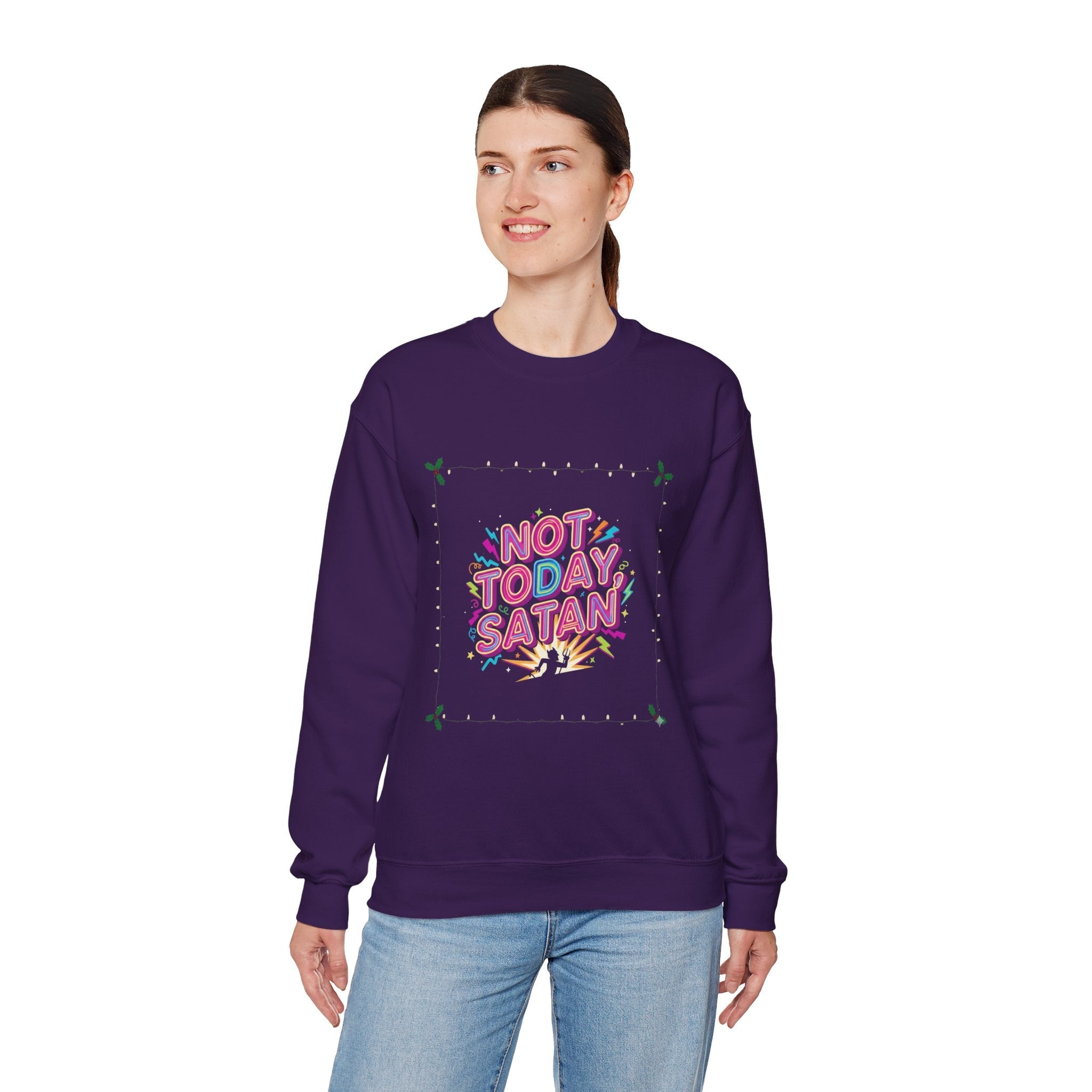 🔥 Not Today, Satan – Retro 90s Christian Sweatshirt | Neon Faith Tee | Funky Cartoon Devil | Bold Bible Verse Shirt | Uplifted Gear Printify