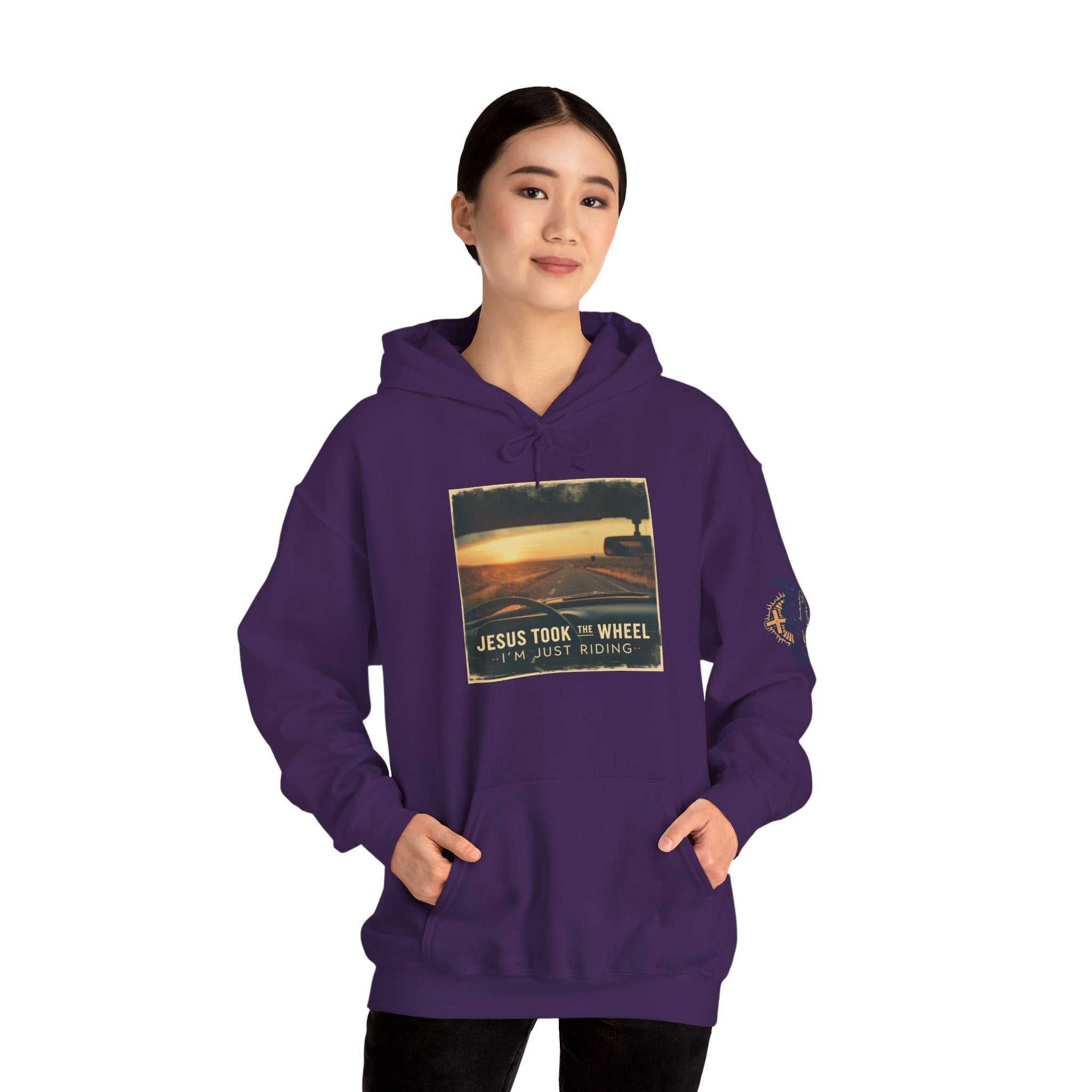 Jesus Took the Wheel I'm Just Riding Hoodie – Funny Christian Convertible Car Sweatshirt for Surrendered Faith & Humor Printify