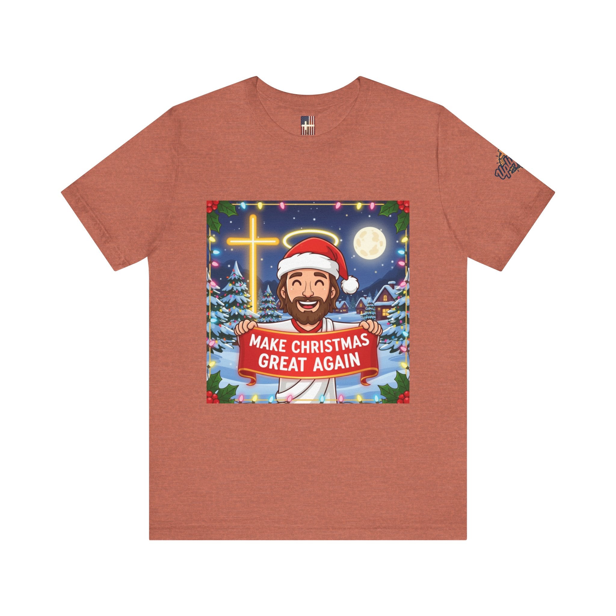 🎄 Make Christmas Great Again – Funny Christian T-Shirt | Jesus Holding Banner | Faith-Based Holiday Parody Tee | Uplifted Gear Printify