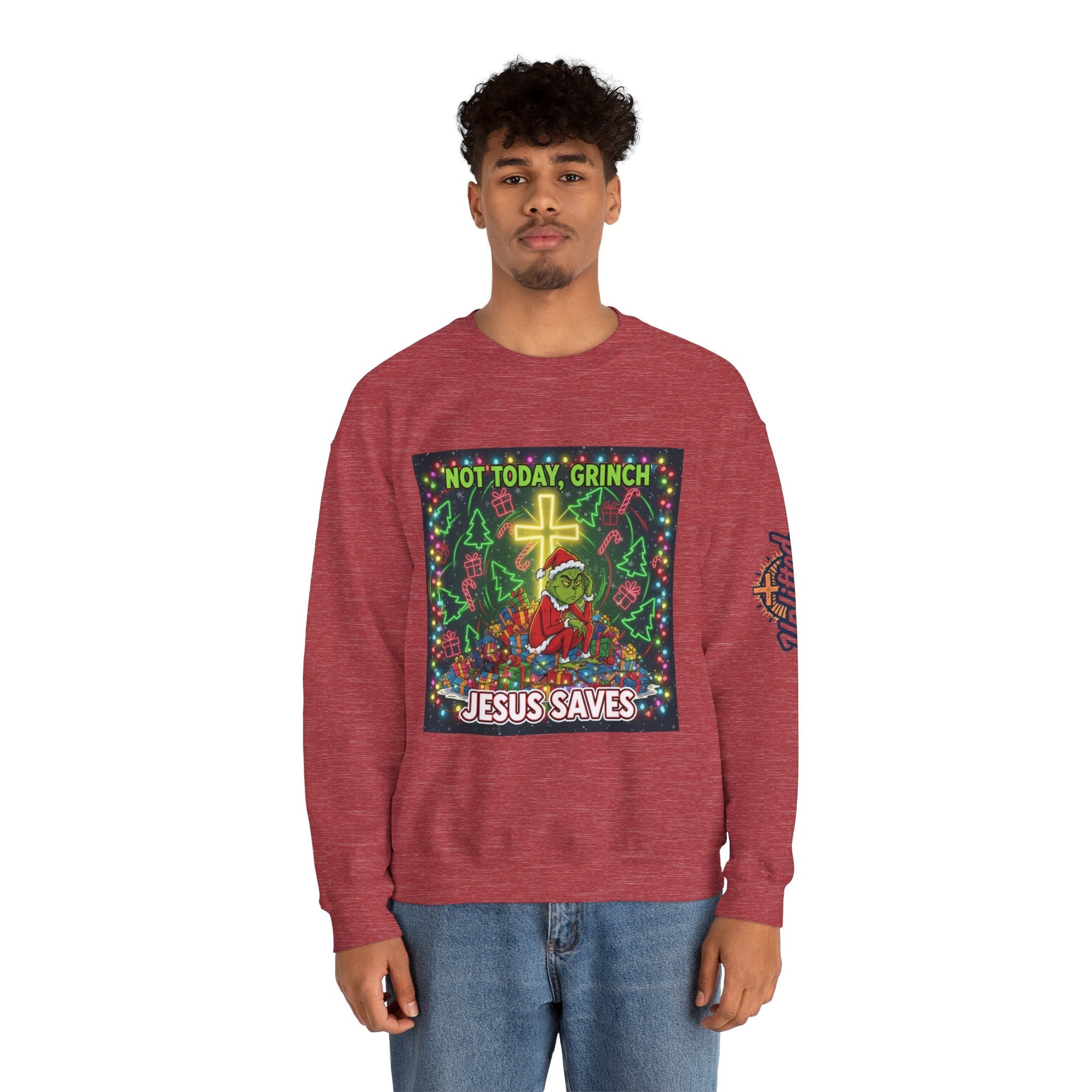 🎄 Not Today, Grinch – Jesus Saves | Funny Christian Christmas Sweatshirt | Festive Green & Red Cartoon Style | Bold Faith Holiday Tee by Uplifted Gear Printify