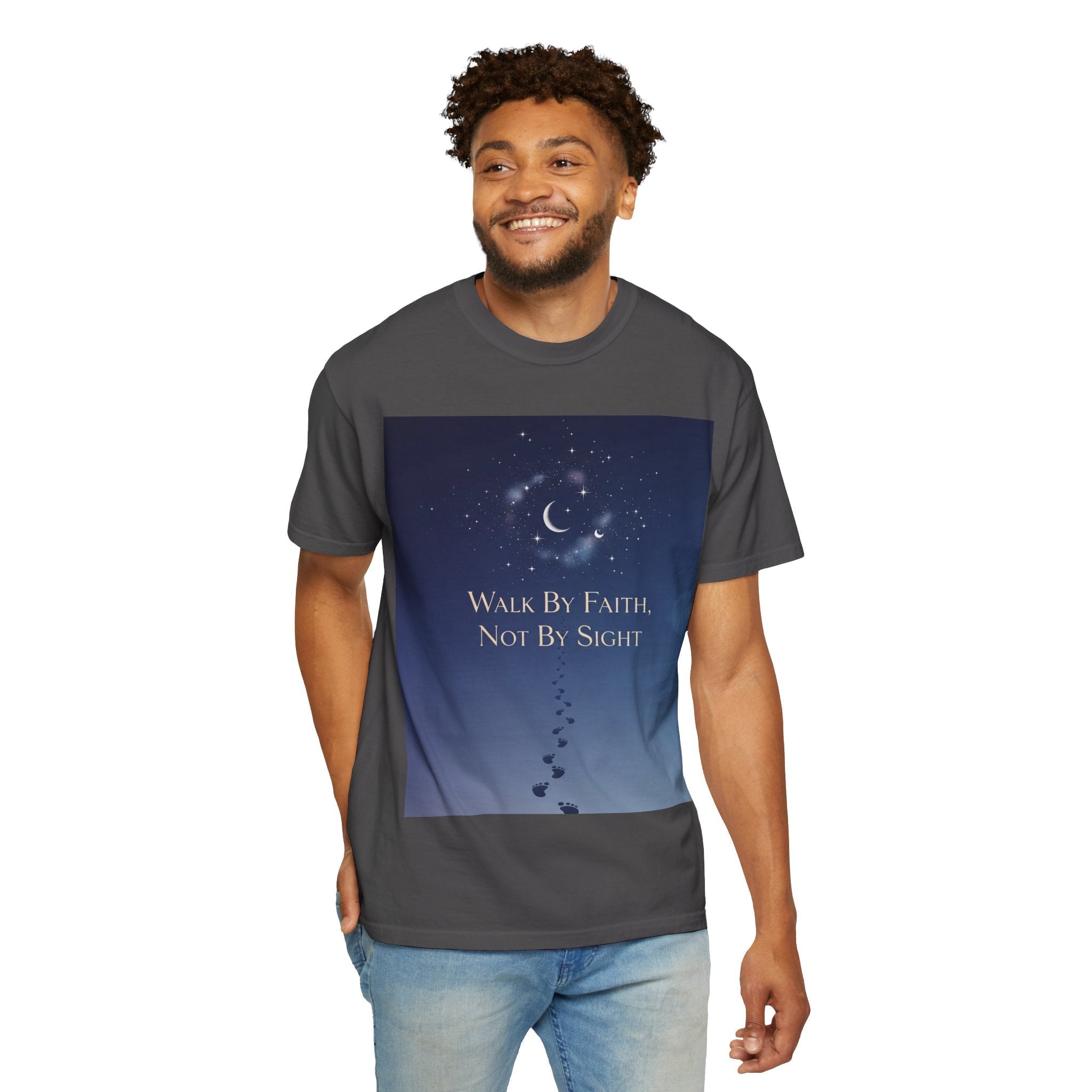 Walk by Faith, Not by Sight T-Shirt – Footprints in the Sand Christian Moonlit Tee Printify