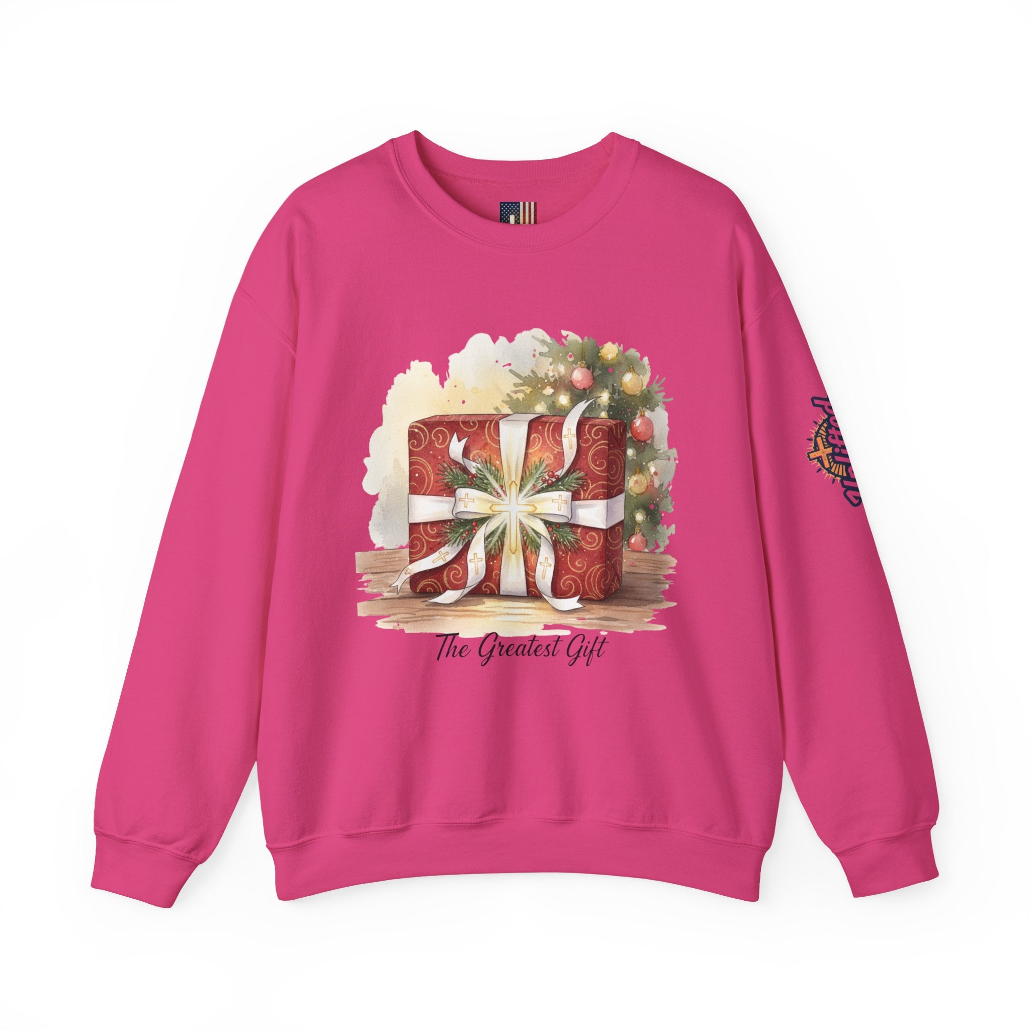 The Greatest Gift Sweatshirt – Cross Bow Present Christian Sweatshirt for Christmas Salvation & Eternal Faith Printify