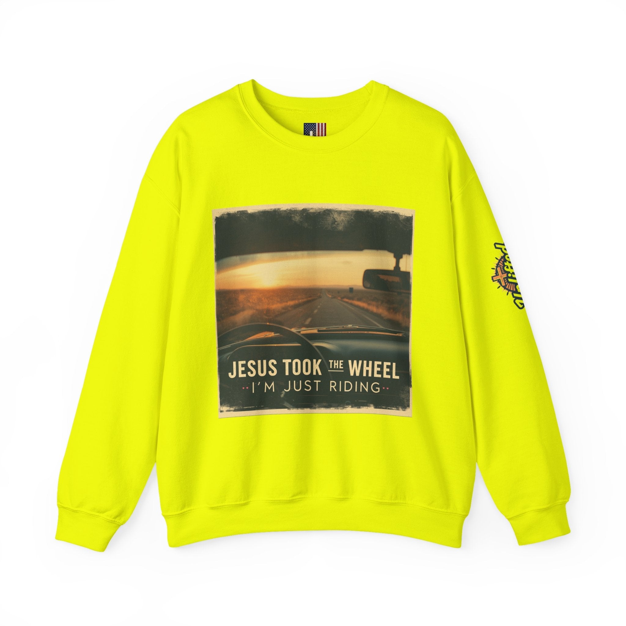 Jesus Took the Wheel I'm Just Riding Sweatshirt – Funny Christian Convertible Car Sweatshirt for Surrendered Faith & Humor Printify