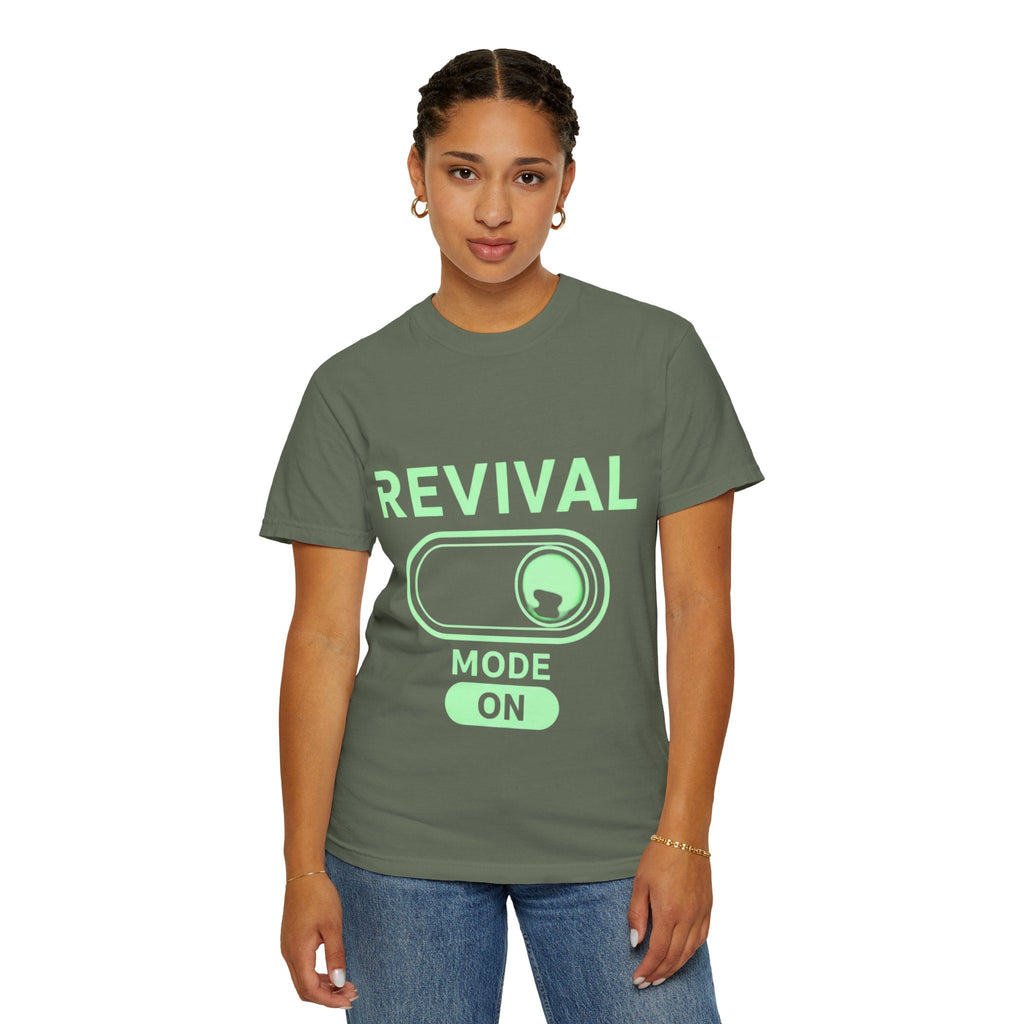 🔥 Revival Mode: ON – Christian Techwear T-Shirt | Glowing Green Faith Switch | Futuristic Jesus Shirt | Activate Your Spiritual Awakening | Uplifted Gear Printify