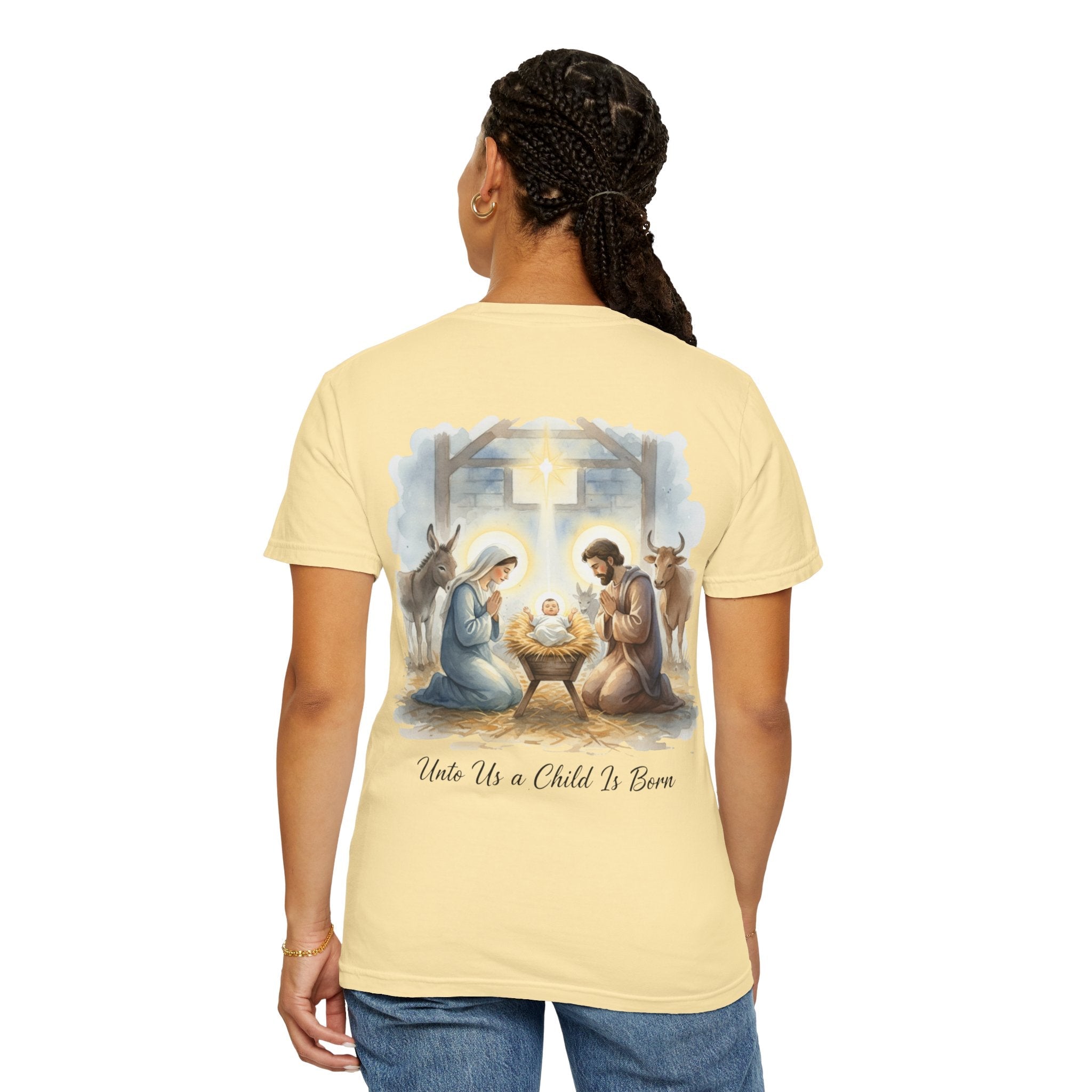 Unto Us a Child is Born T-shirt – Isaiah 9:6 Nativity Manger Scene Christian Christmas T-shirt for Holy Night Faith Printify