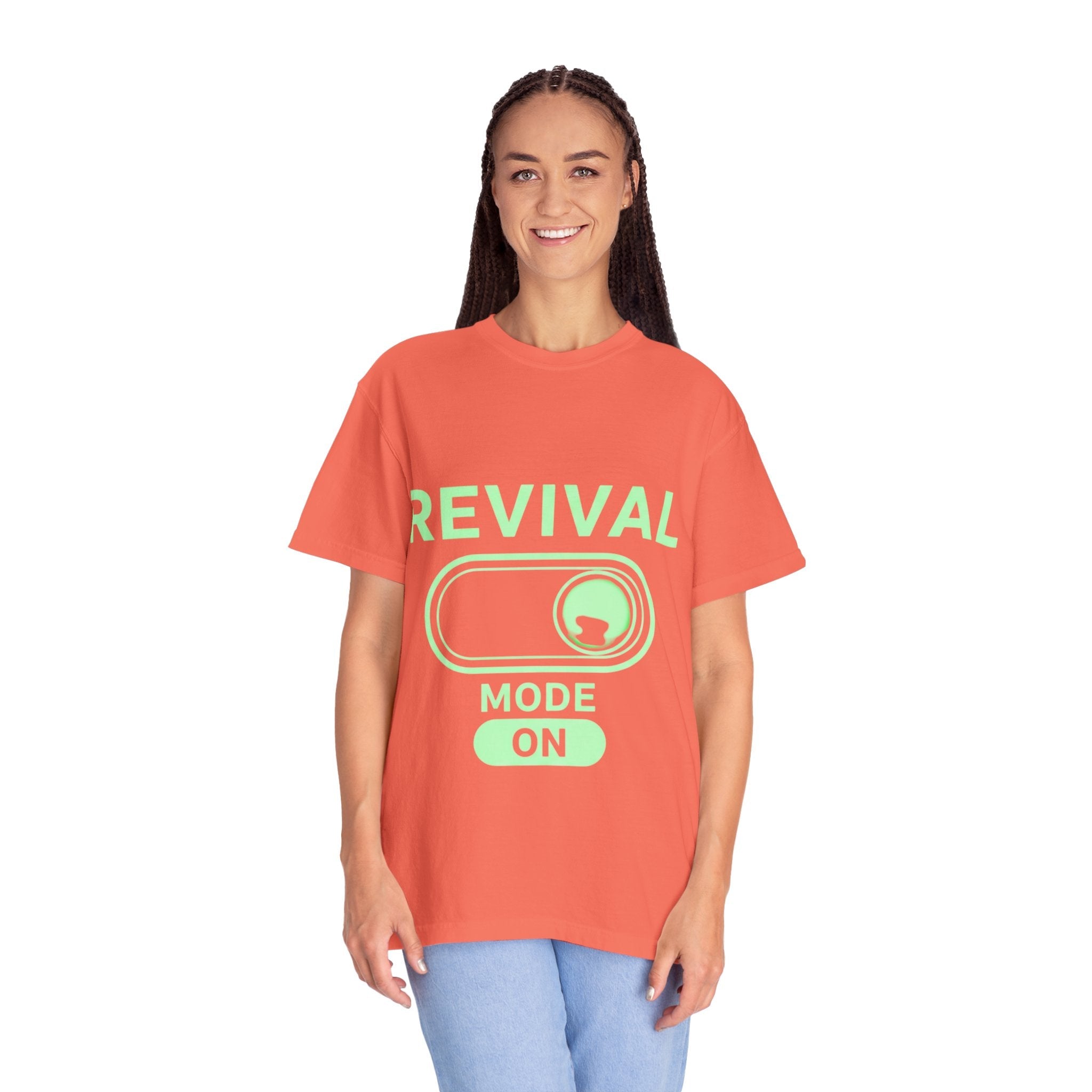 🔥 Revival Mode: ON – Christian Techwear T-Shirt | Glowing Green Faith Switch | Futuristic Jesus Shirt | Activate Your Spiritual Awakening | Uplifted Gear Printify